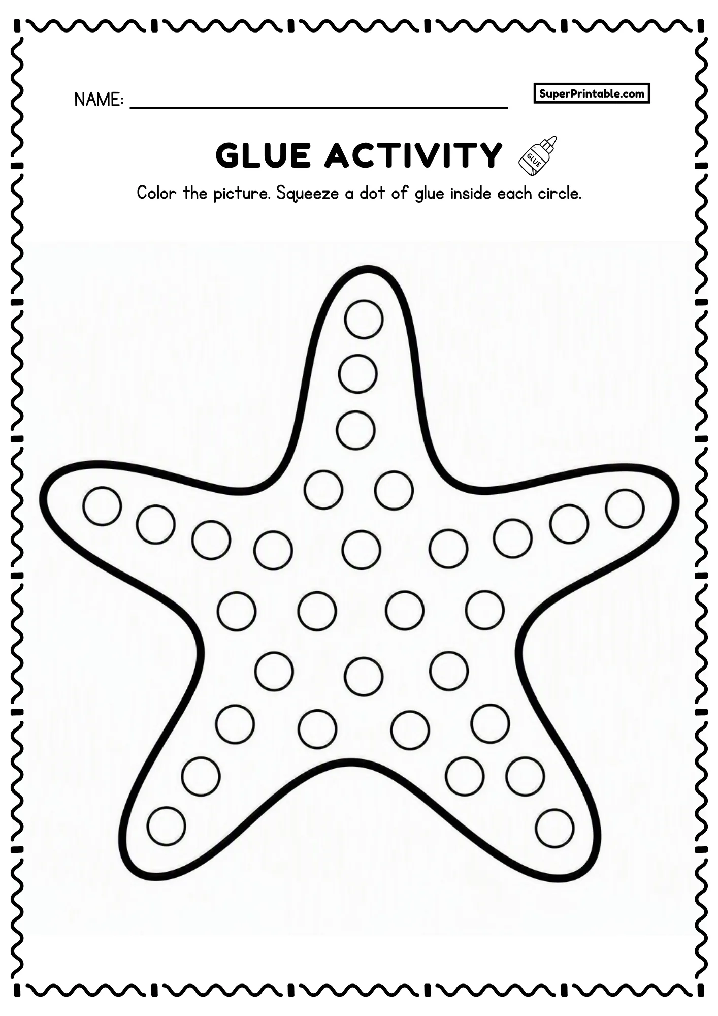 Five-pointed starfish dot glue ocean worksheets with wide arms and dot circles for preschoolers