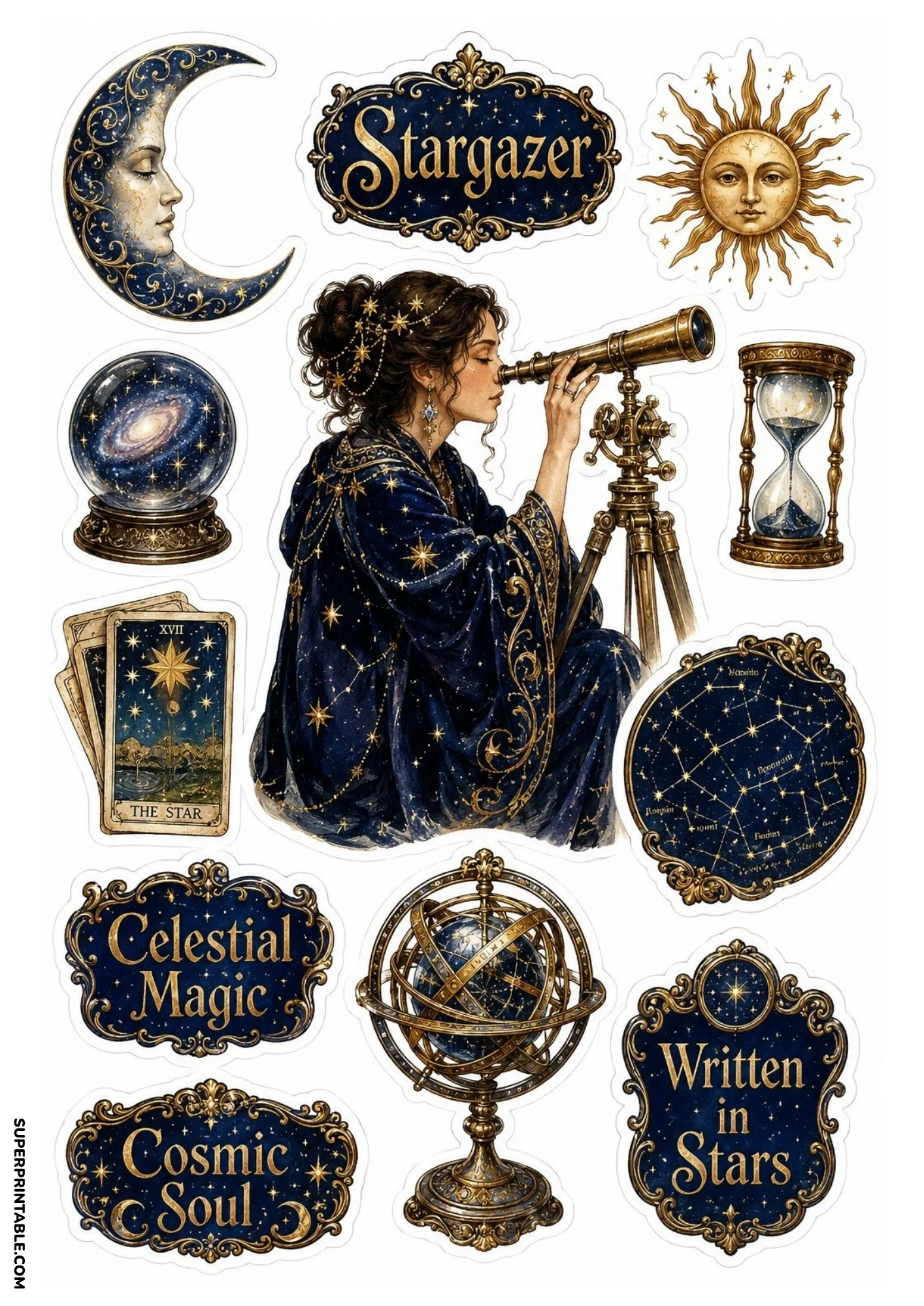Stargazer woman looking through telescope with crystal ball, brass hourglass, and The Star tarot card.