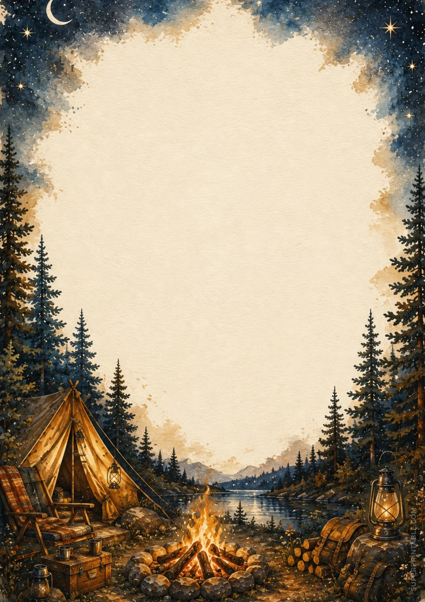 Starry night campsite border with glowing fire pit, lake reflection, and crescent moon.