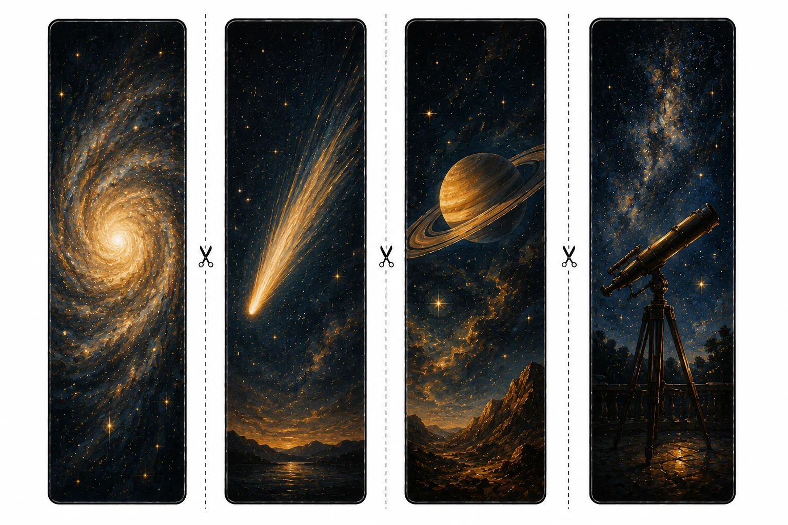 Four printable space bookmarks with a swirling gold galaxy, a comet, a ringed planet, and an old telescope on a terrace