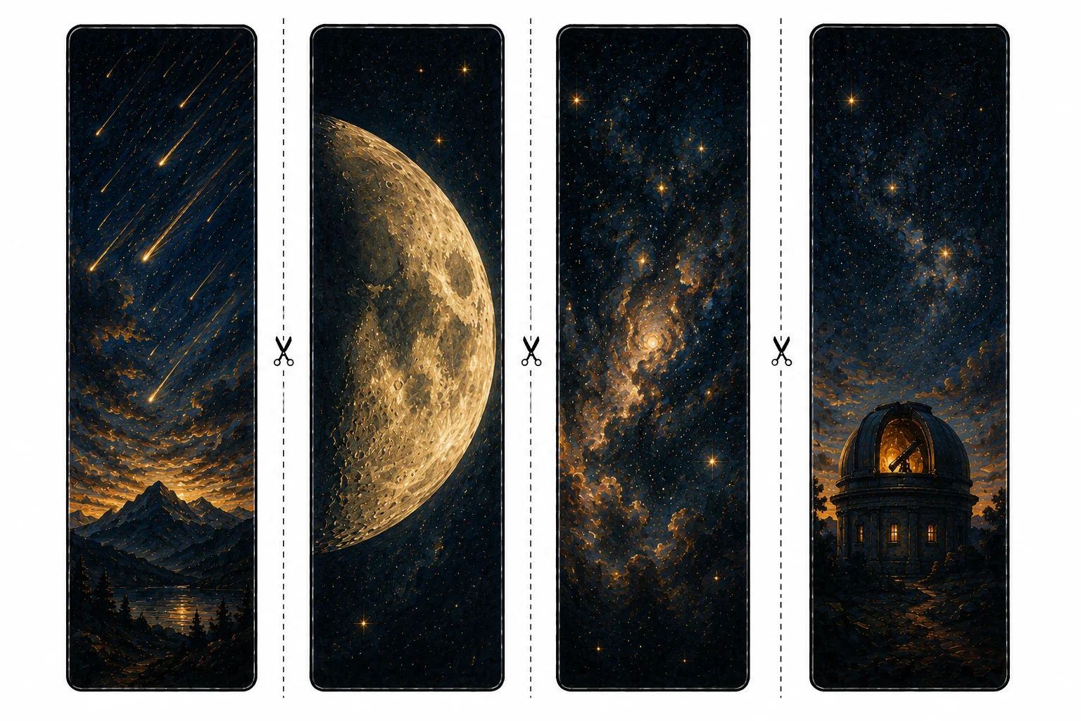 Four printable space bookmarks with a meteor shower over mountains, a cratered moon, a nebula glow, and a small observatory dome