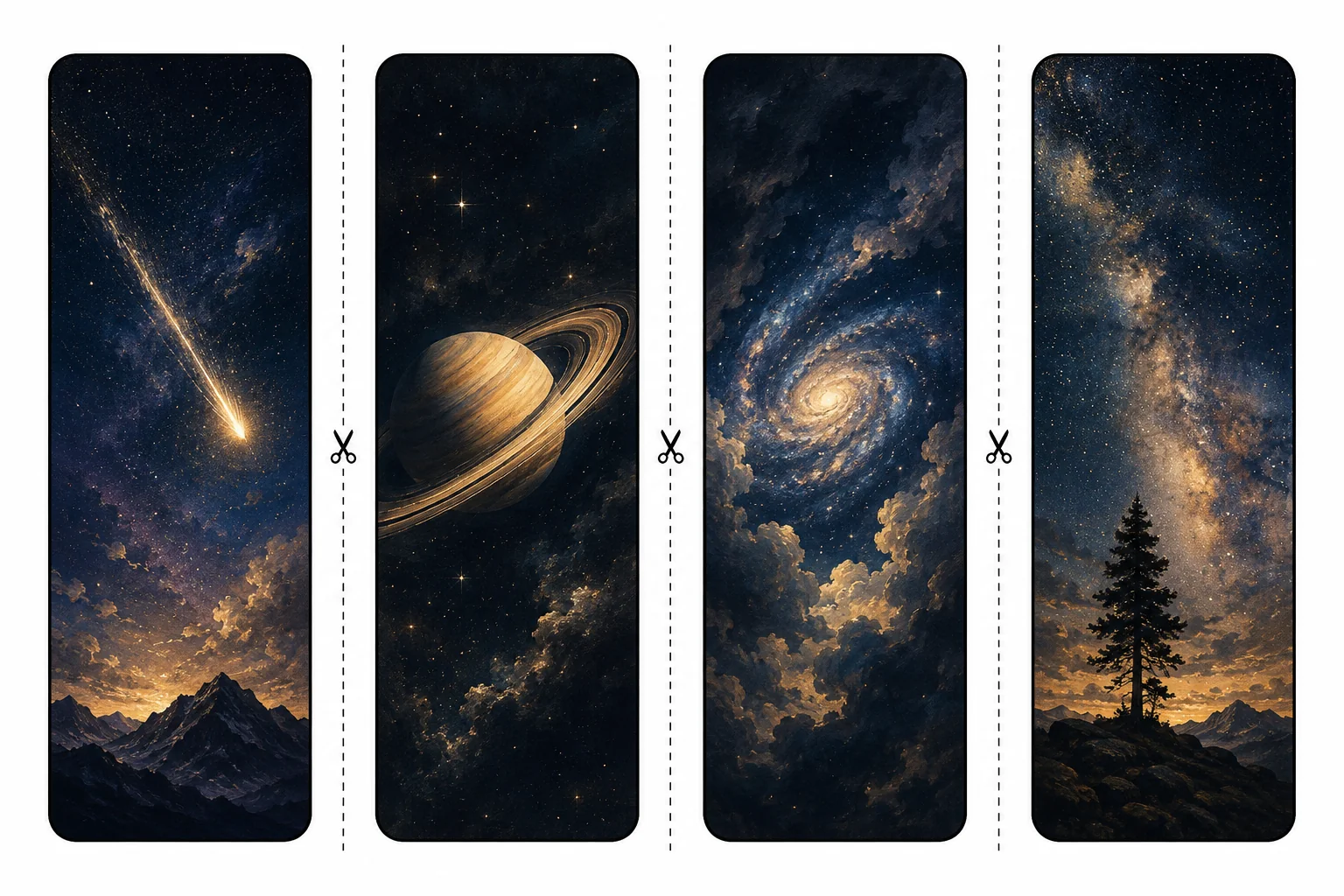 Four printable space bookmarks with a shooting star over mountains, Saturn, a spiral galaxy in clouds, and a pine under the Milky Way
