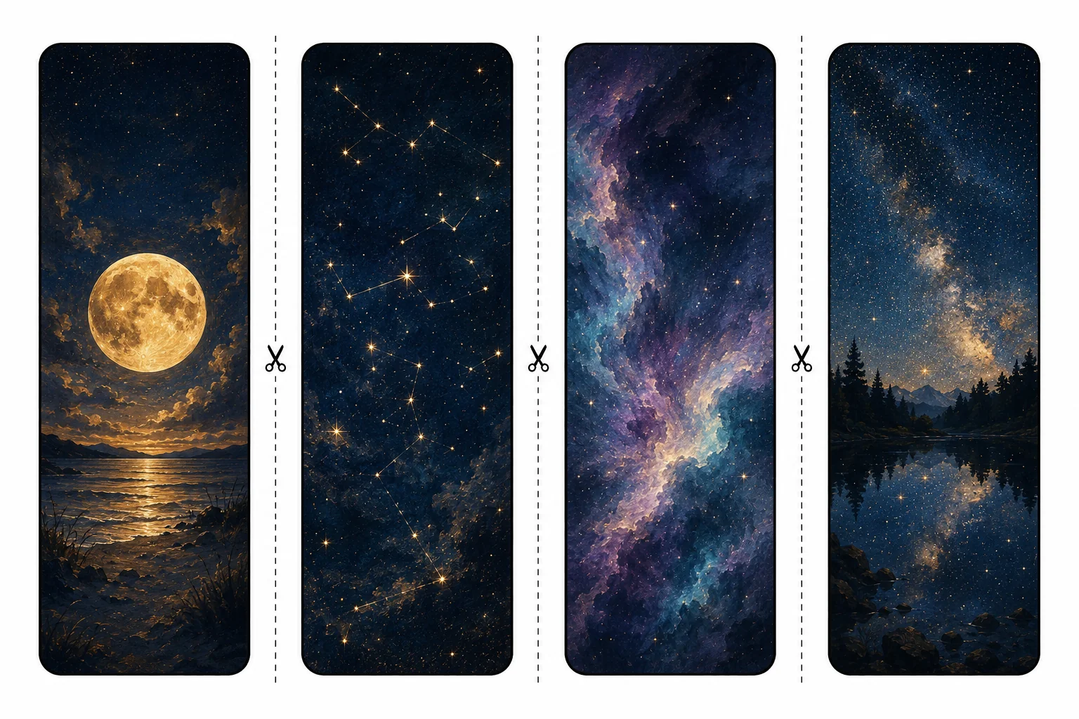 Four printable space bookmarks with a golden moon over water, constellations, a violet-teal nebula, and a starry sky reflected in a lake