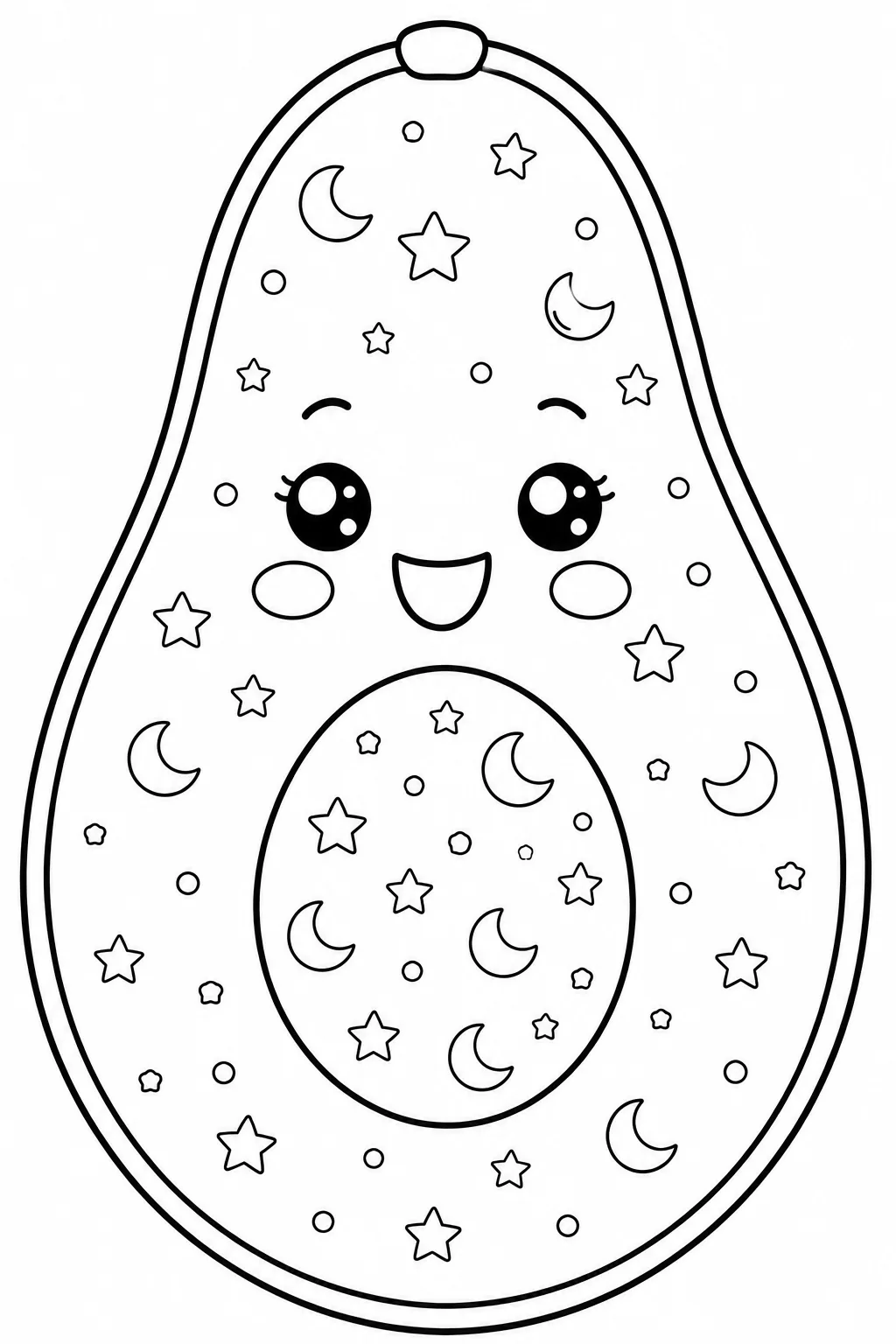 Cute avocado character decorated with a night sky stars and moons.