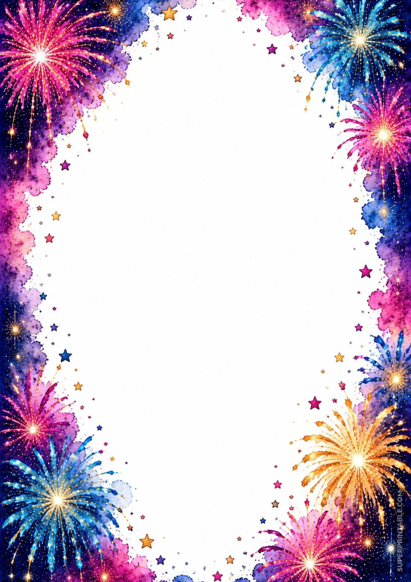 Fireworks celebration colored border pages artwork with soft blue and magenta watercolor cloud borders.