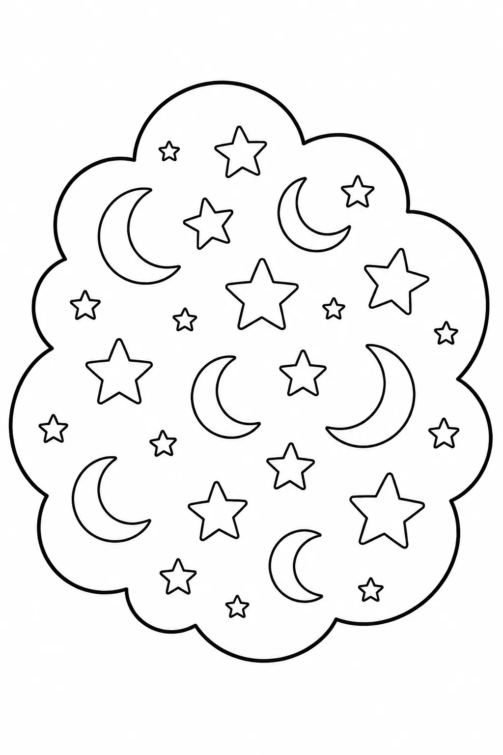 A fluffy cloud shape filled with repeating five pointed stars and moons.