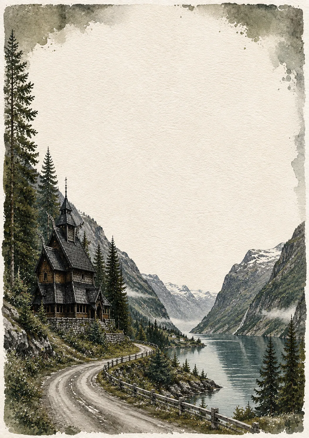 Soft watercolor border featuring a traditional wooden stave church beside a quiet mountain fjord road.