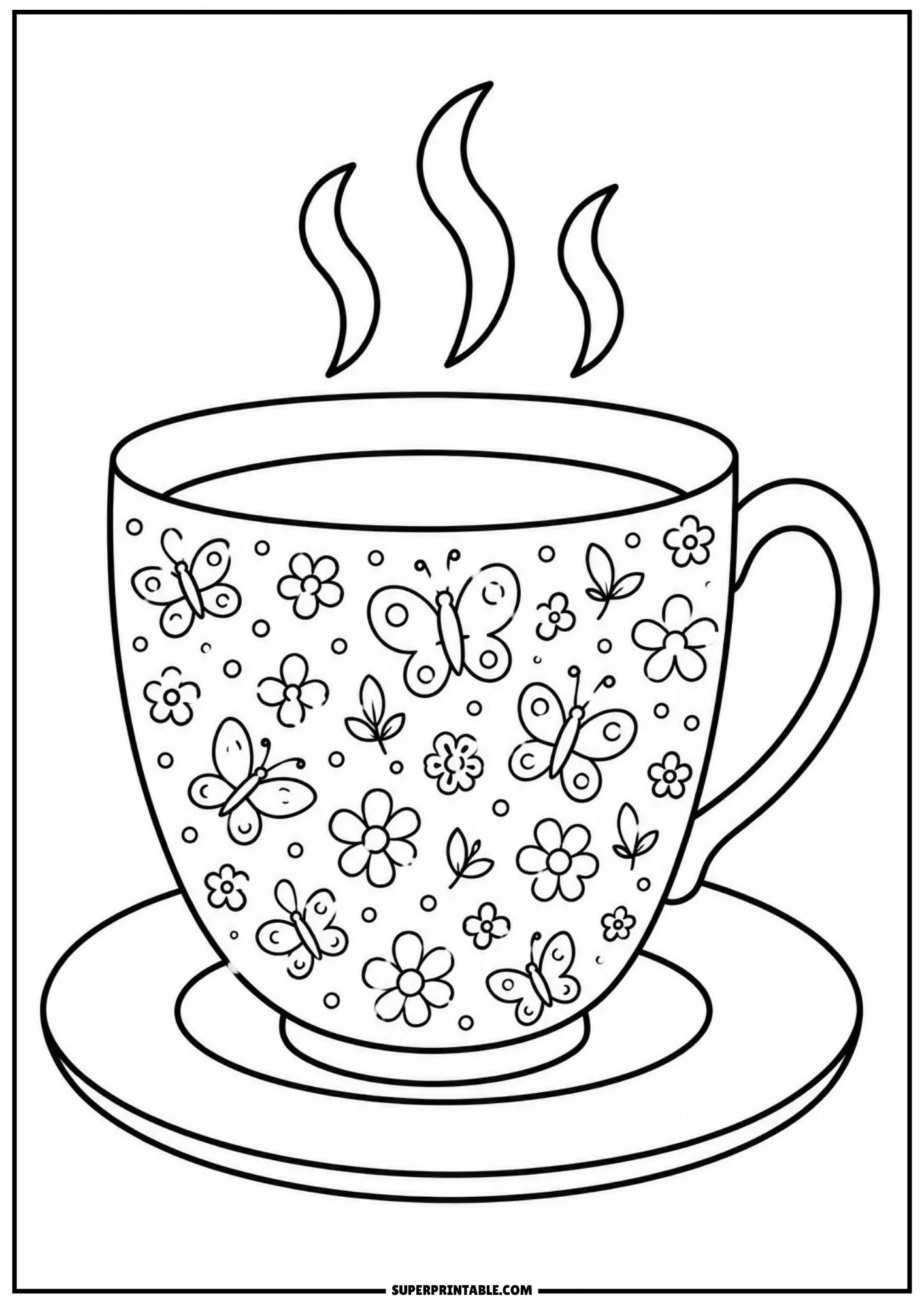 Steaming teacup line art sitting on a saucer, patterned with fluttering butterflies, blooming flowers, and leaves.