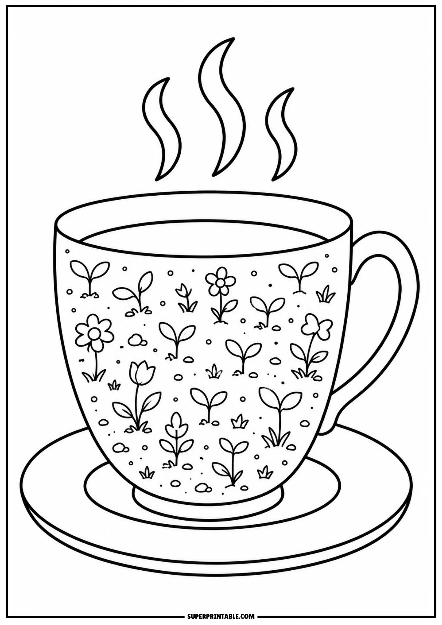 Black and white line drawing of a steaming teacup adorned with blooming flowers, sprouts, and garden grass.