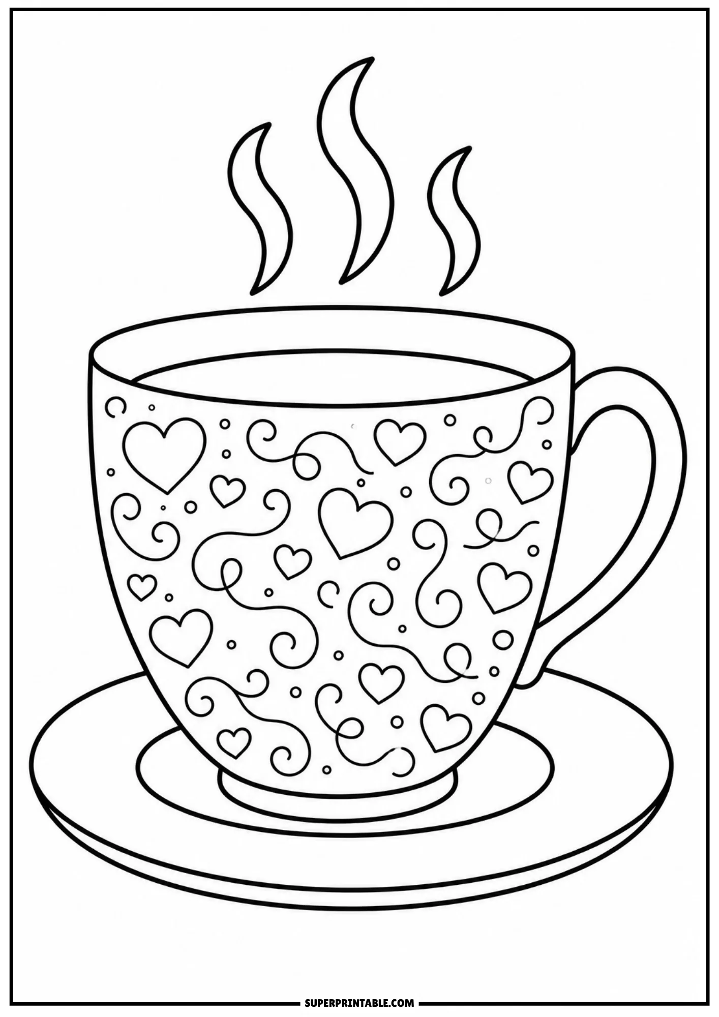 Line art of a steaming teacup resting on a saucer decorated with swirling vines, small dots, and floating hearts.