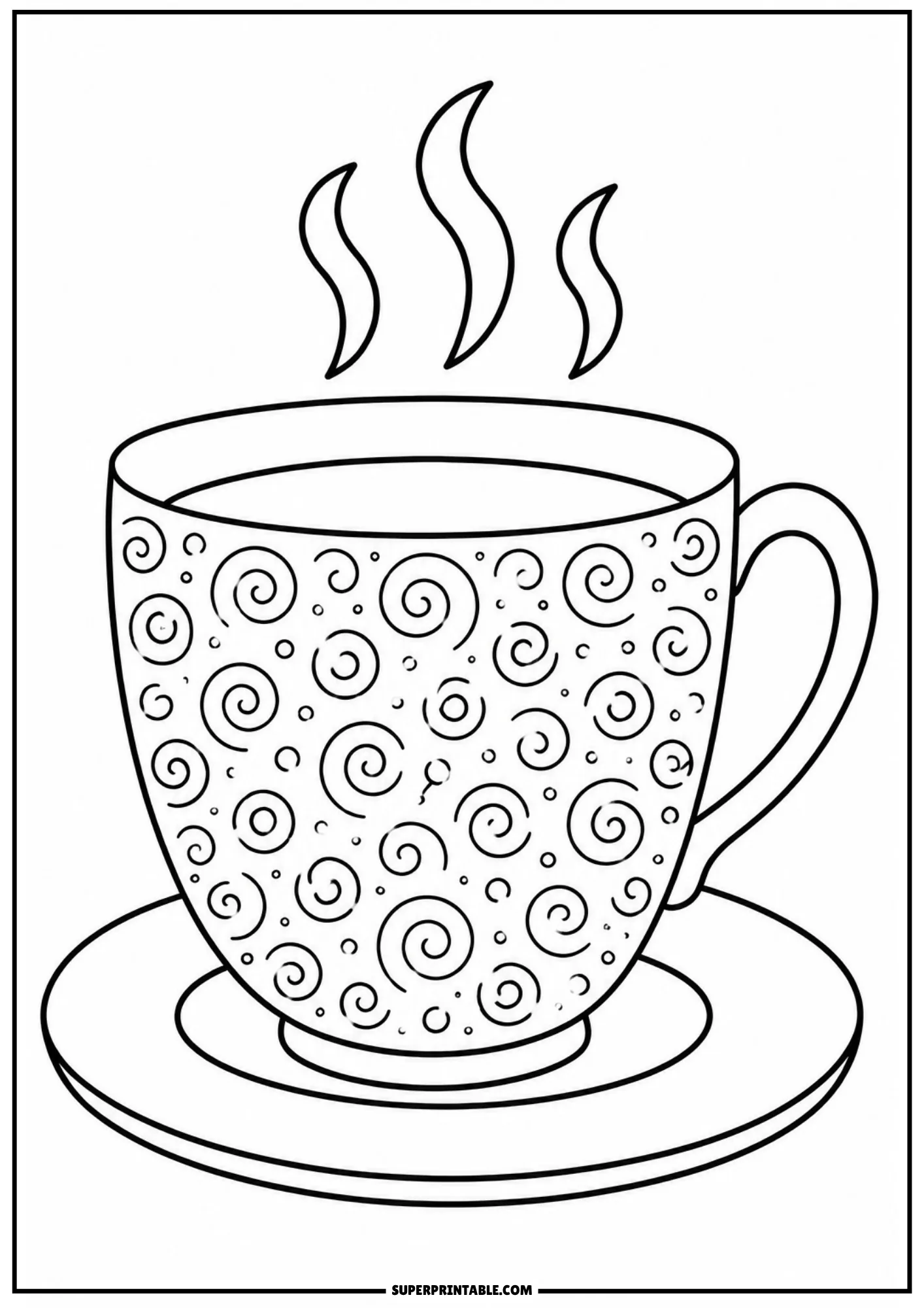Line art of a teacup on a saucer with rising steam and an intricate all-over pattern of spiral swirls and dots.