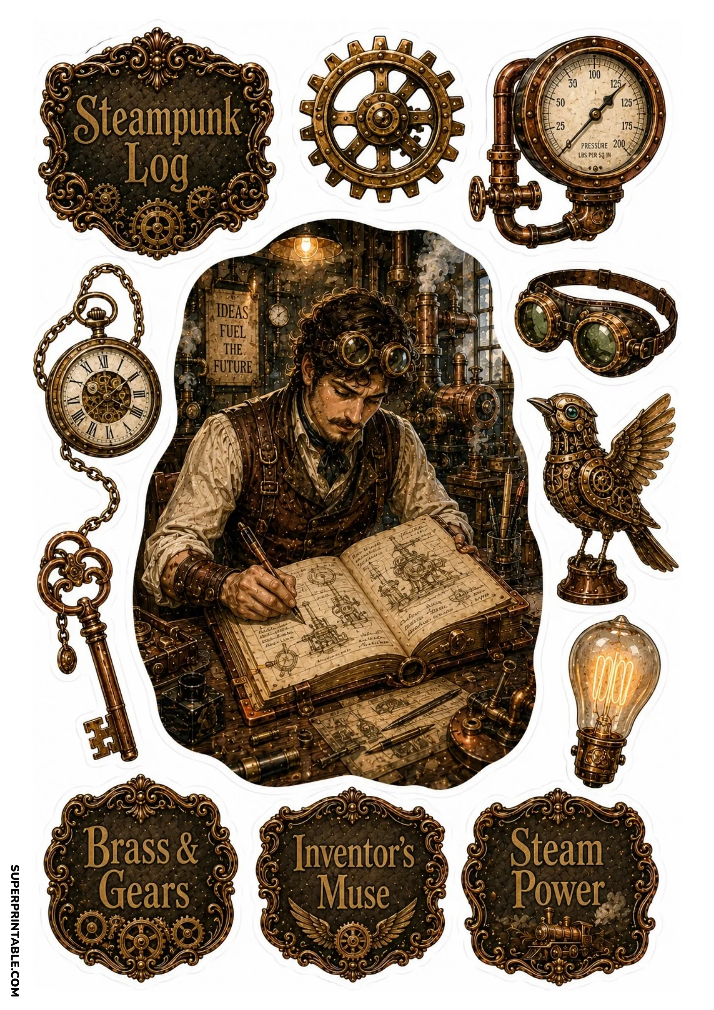 Steampunk inventor sketching mechanical blueprints at a workshop desk with brass gears and goggles.