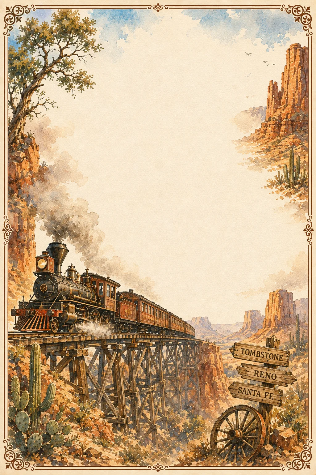 Steampunk industrial railway hub with iron roof trusses and washed watercolor edge.