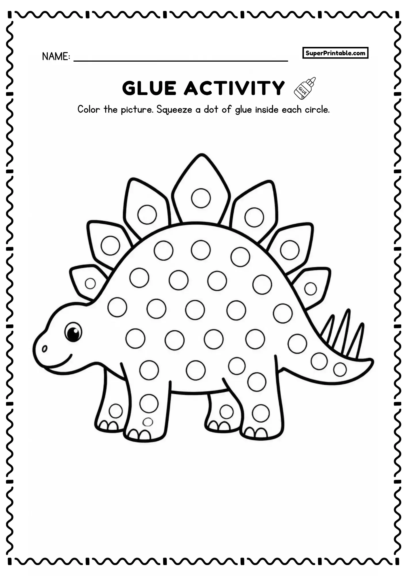 Smiling stegosaurus glue activity worksheet with dot circles across its body and plates