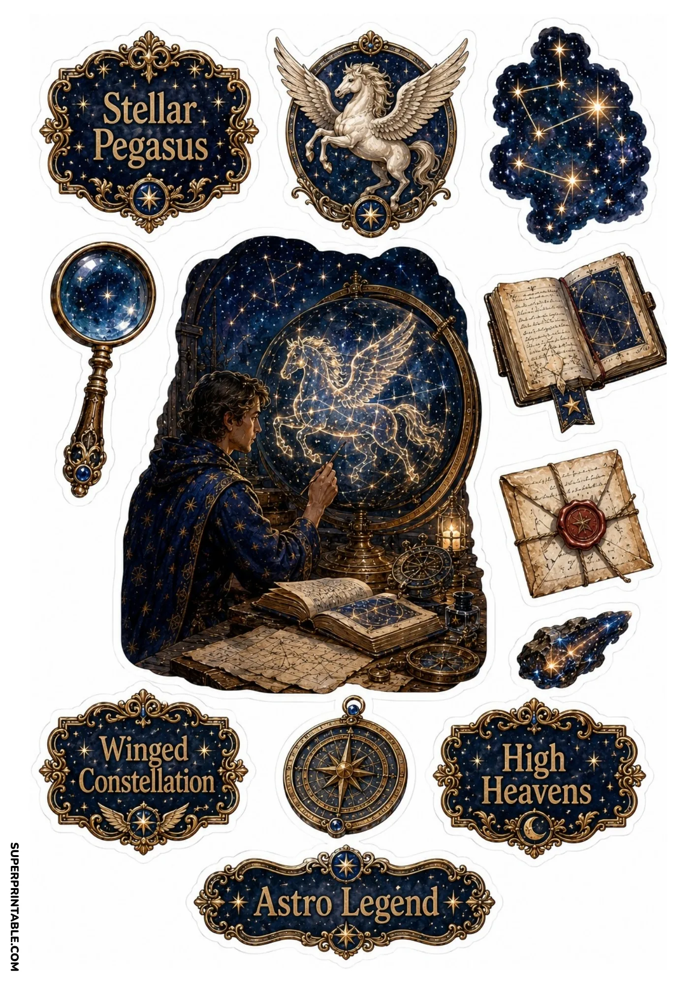 Astronomer painting glowing Pegasus constellation on globe with magnifying glass and star book.