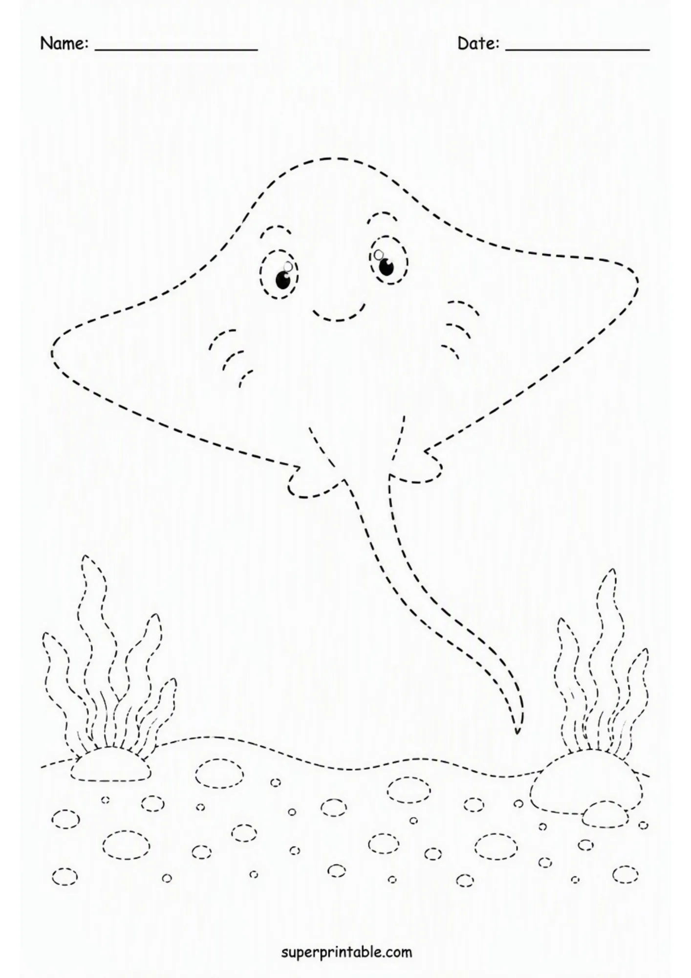 Stingray line art worksheet featuring dashed outlines and sea floor vegetation.