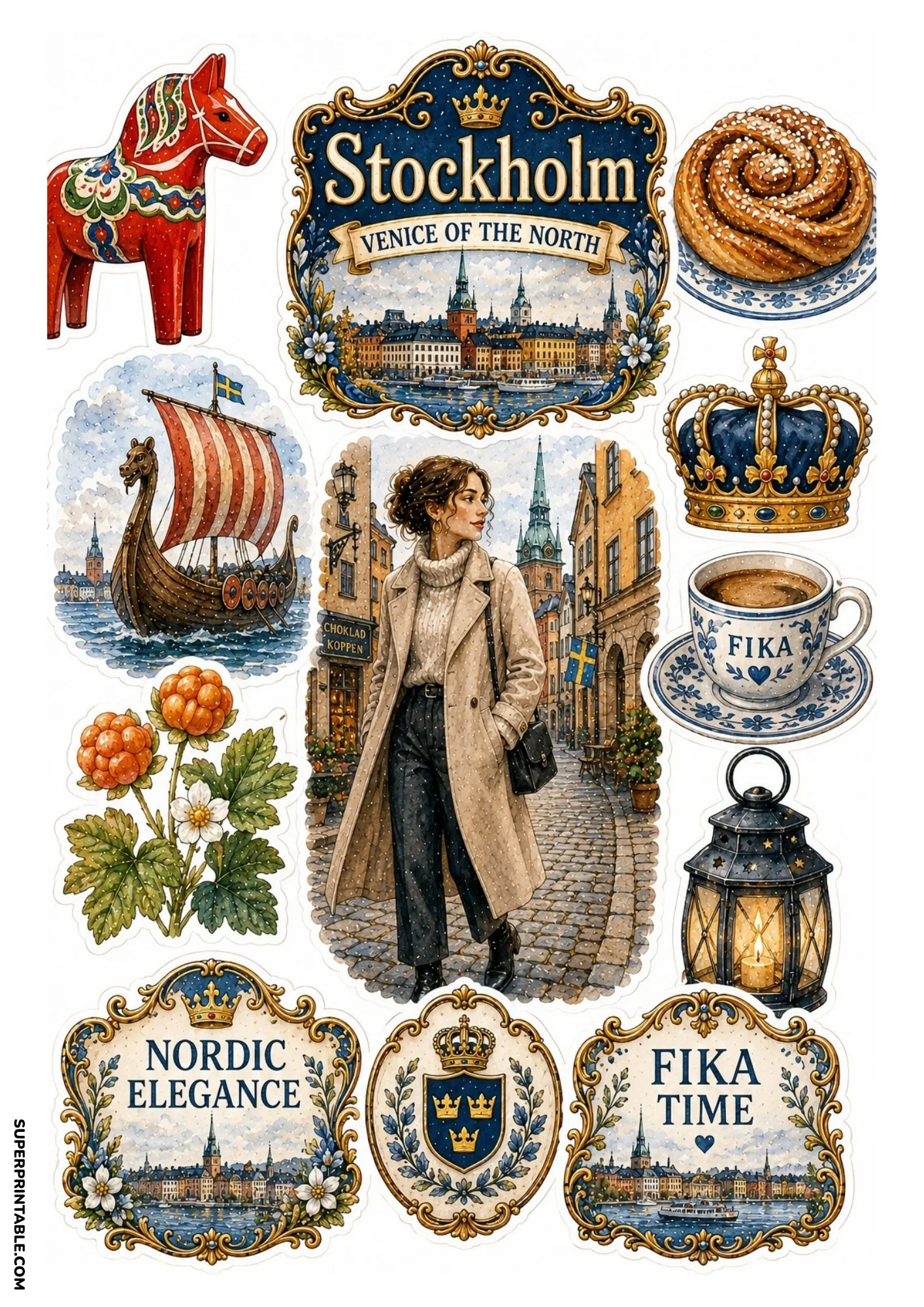 Stockholm Sweden sticker sheet showing Gamla Stan, Dala horse, and fika coffee cup