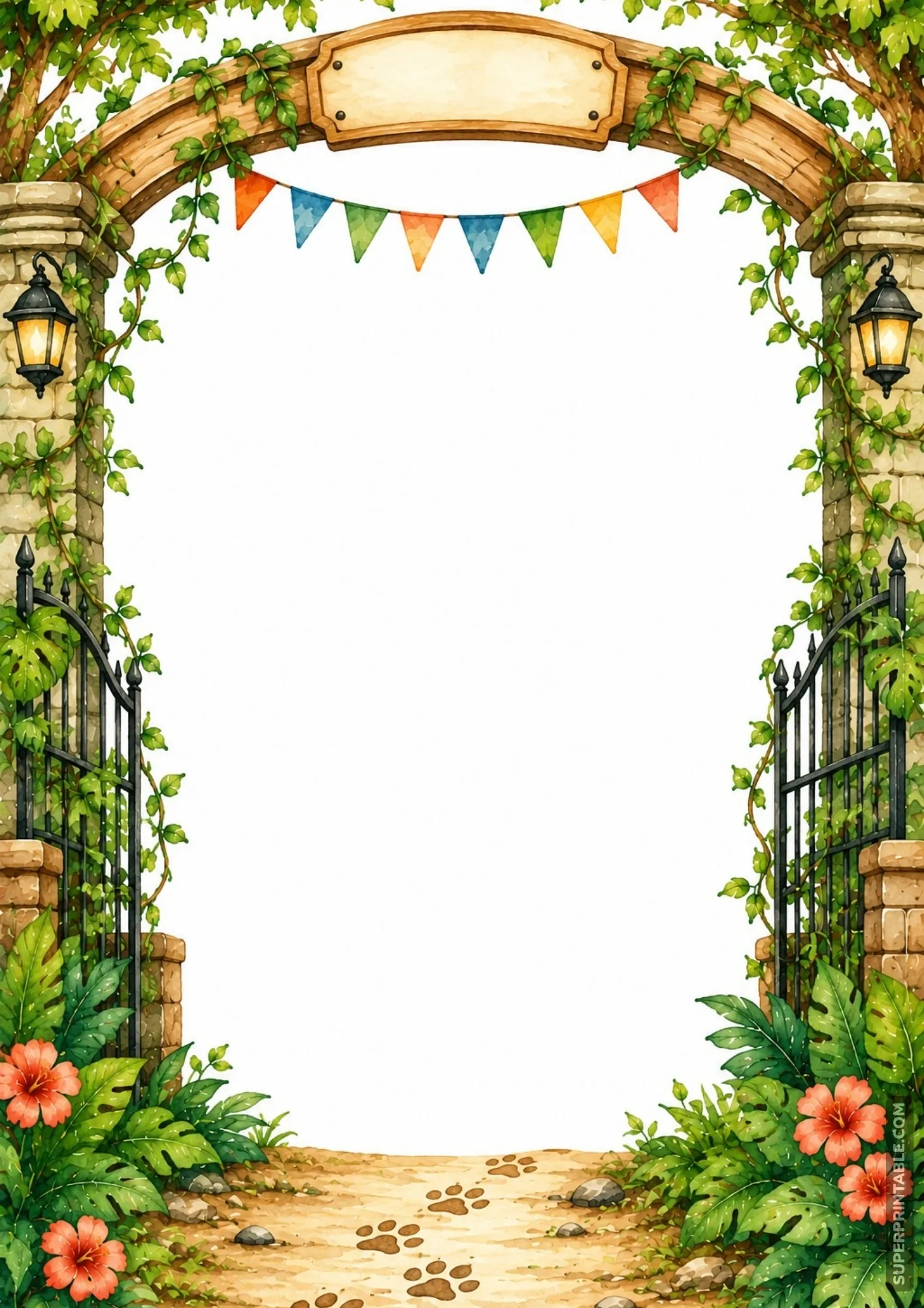 Stone archway zoo entrance frame with wrought iron gates, hanging lanterns, and animal paw prints on dirt path.