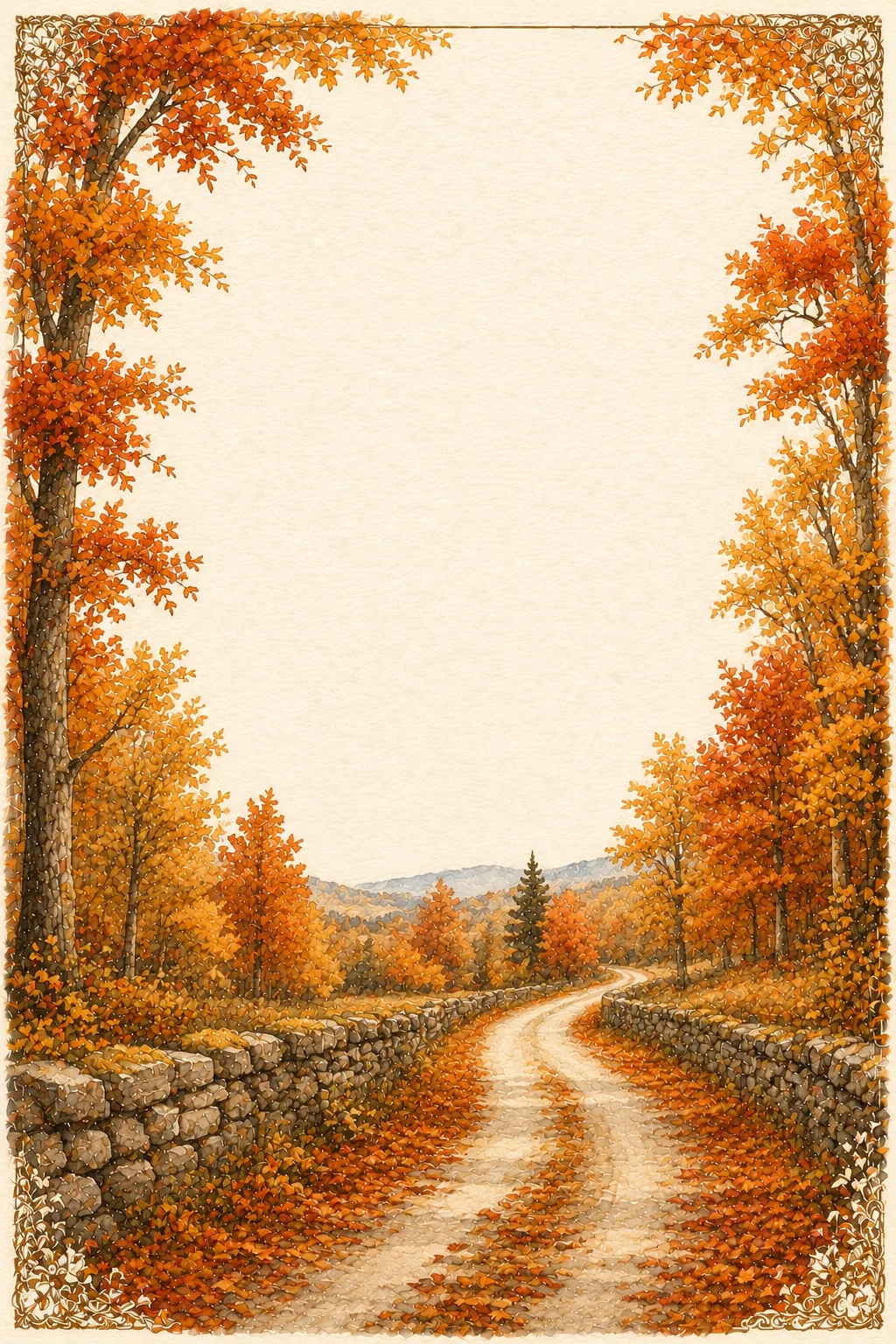 Stationery border page illustrating a country lane flanked by traditional stone walls and autumn trees.