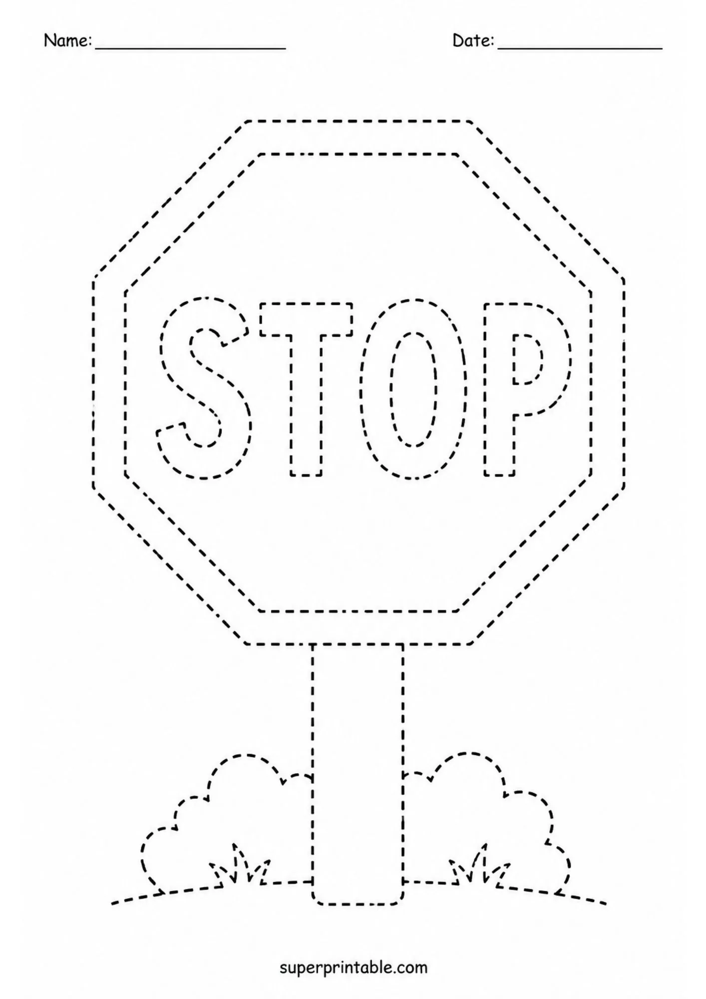 Octagon stop sign tracing worksheet with dashed letter outlines for early childhood handwriting exercises.