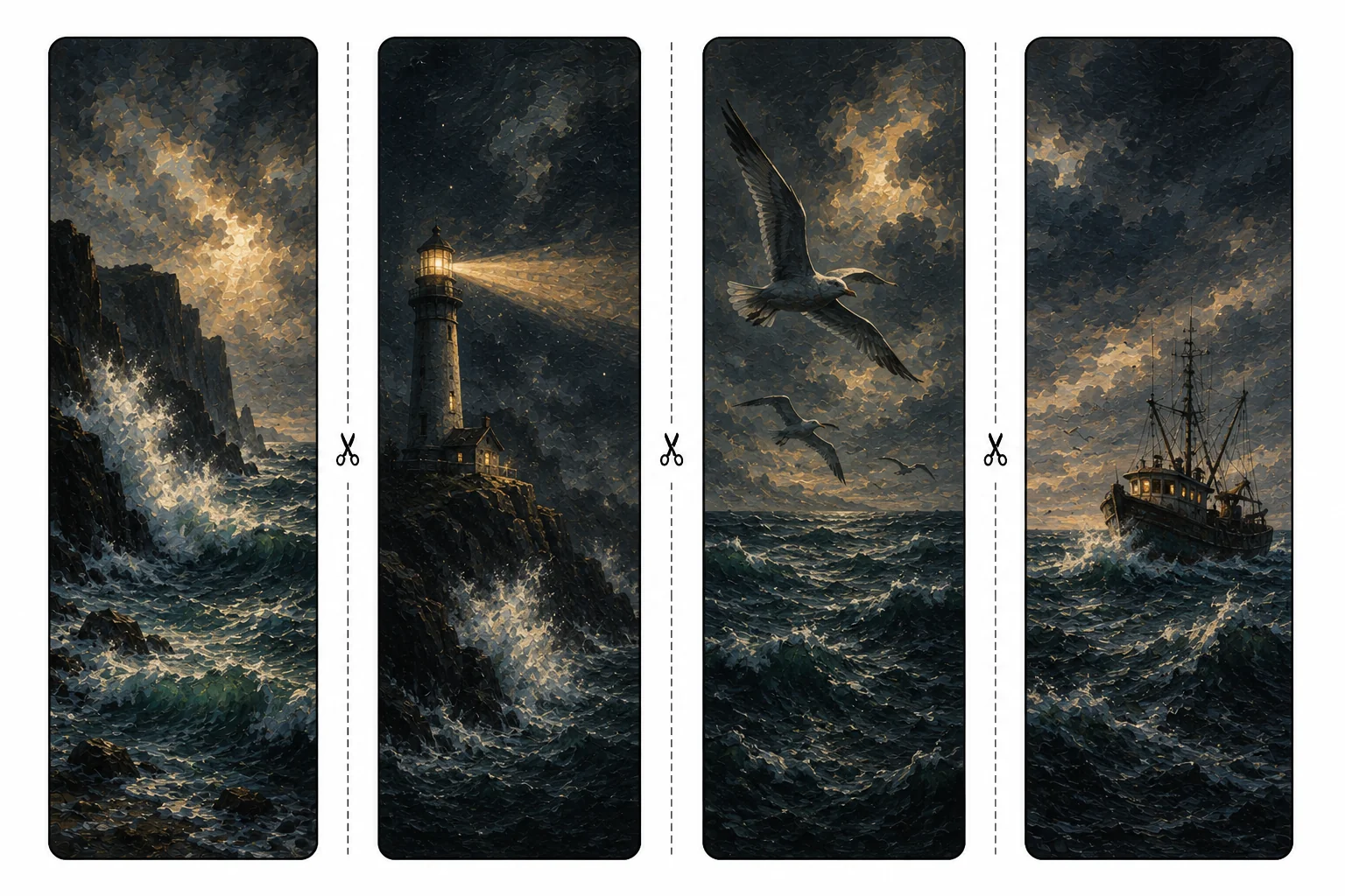 Four printable coastal bookmarks with waves on cliffs, a lighthouse beam, gulls over rough water, and a fishing boat in a storm