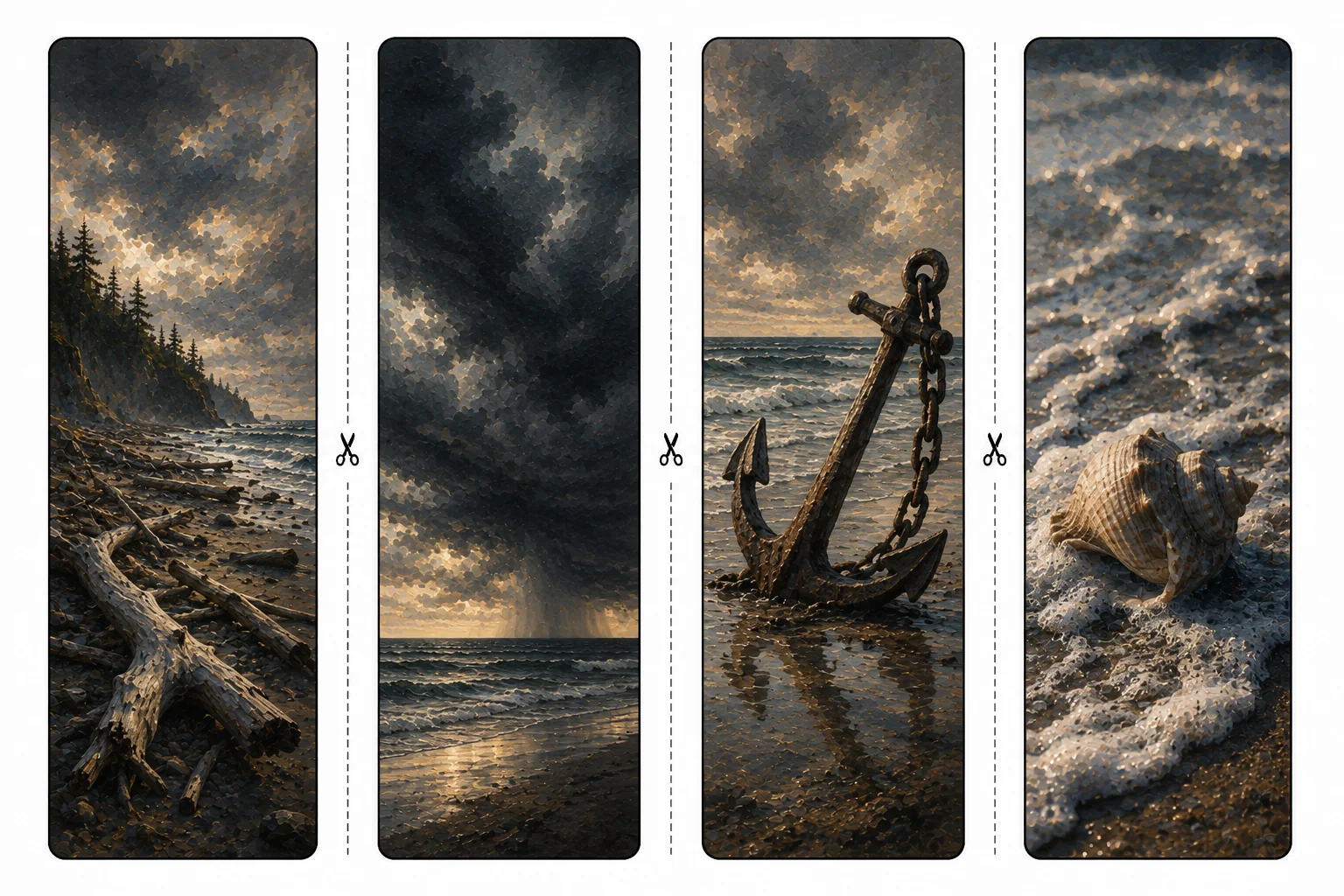 Four printable coastal bookmarks with driftwood on a shore, storm clouds, a rusty anchor in surf, and a seashell in foam
