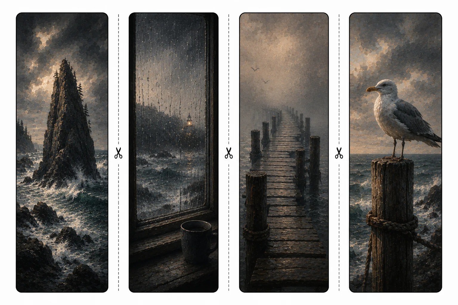 Four printable coastal bookmarks with a rocky sea stack, rain on a window, a foggy wooden pier, and a gull on a post