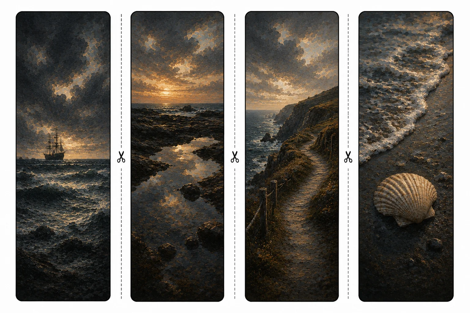Four printable coastal bookmarks with a ship on a stormy horizon, sunset tide pools, a cliff path, and a scallop shell on wet sand