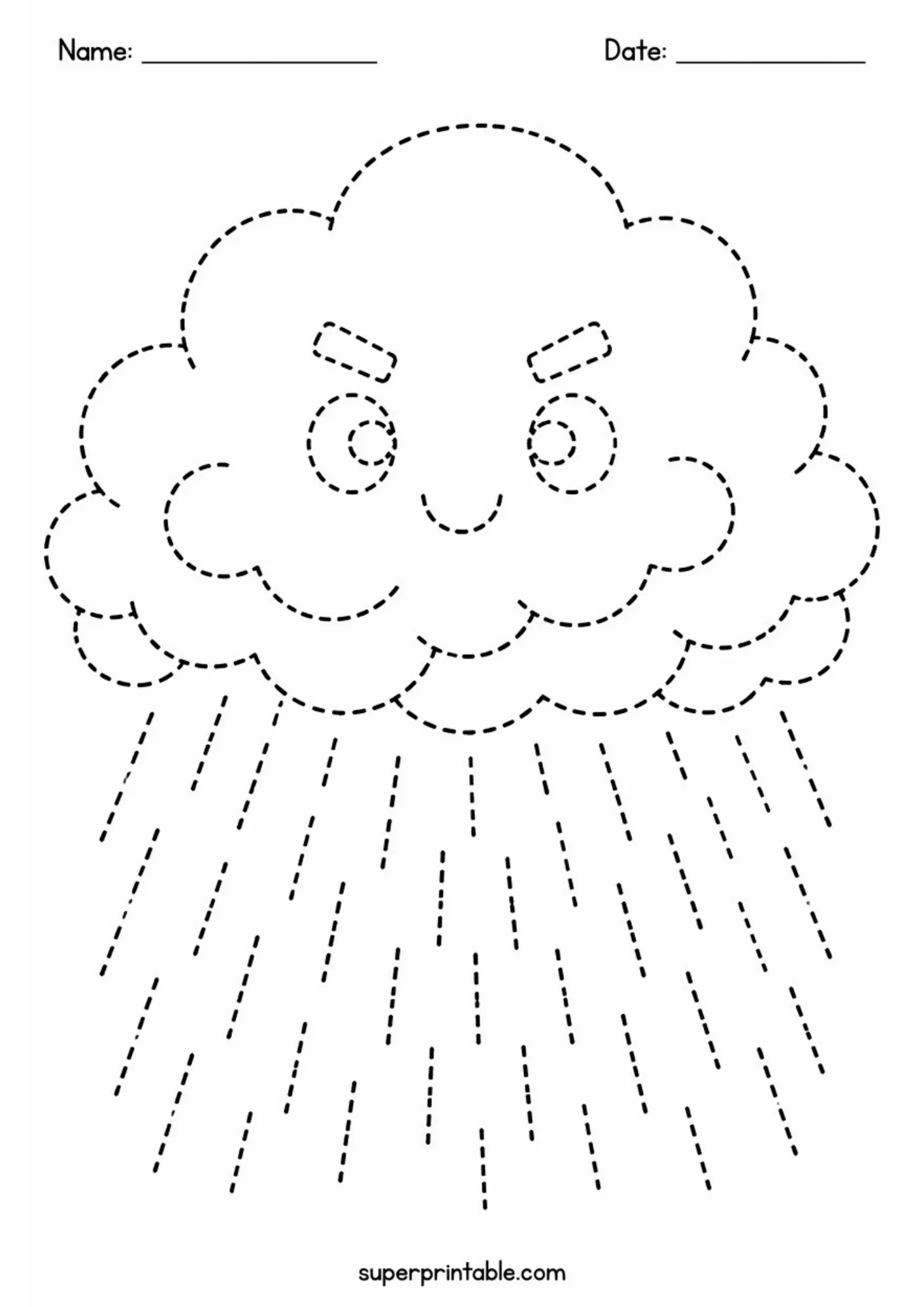 Black and white tracing worksheet of a stormy cloud character with slant dashed rain lines pouring underneath.