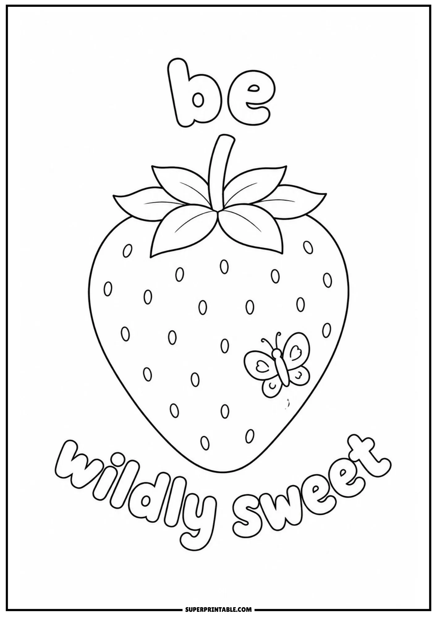 Butterfly resting on a strawberry fruit line drawing ready for kid coloring.