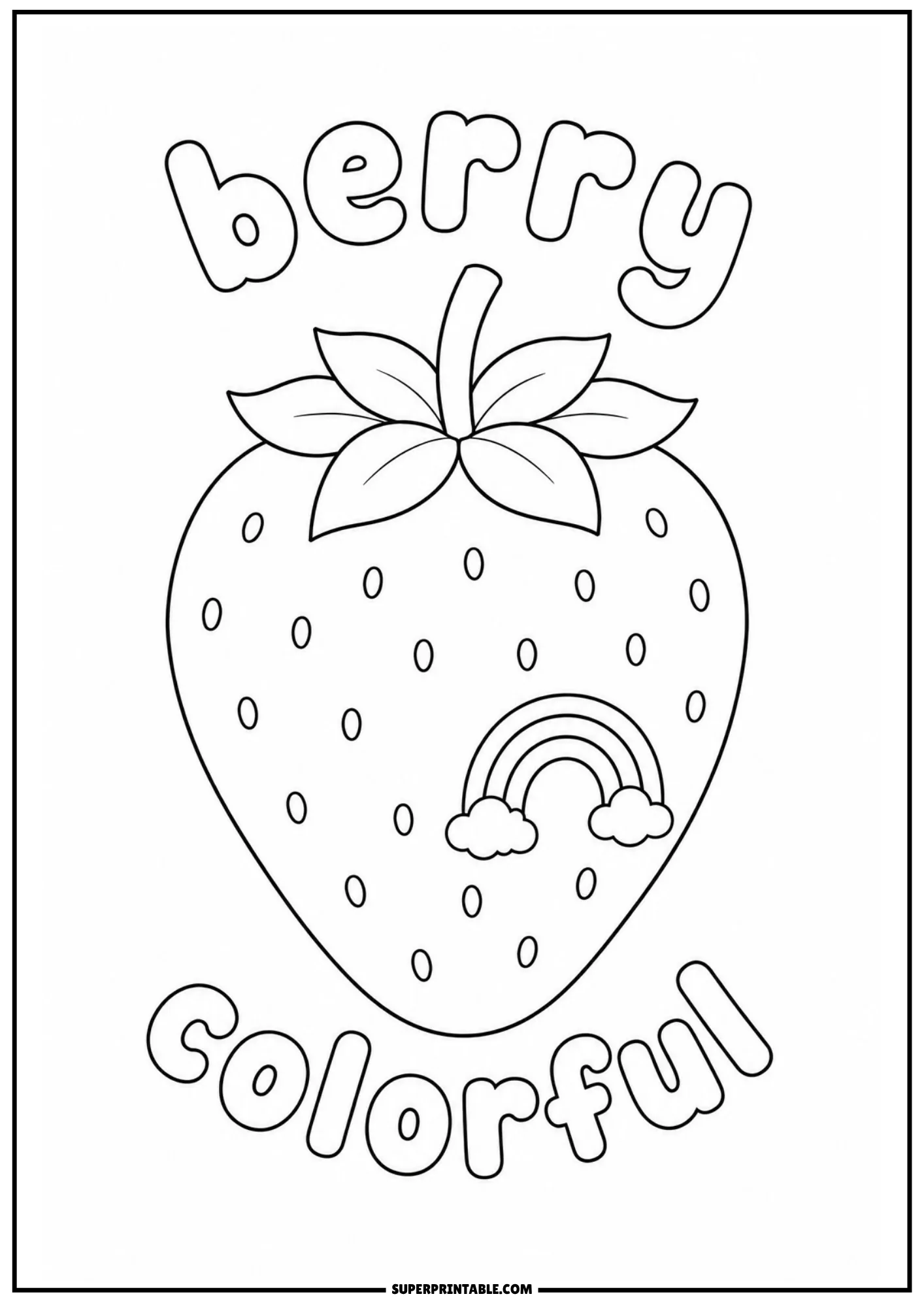 Rainbow and cloud motif printed on a strawberry outline sheet for creative coloring.