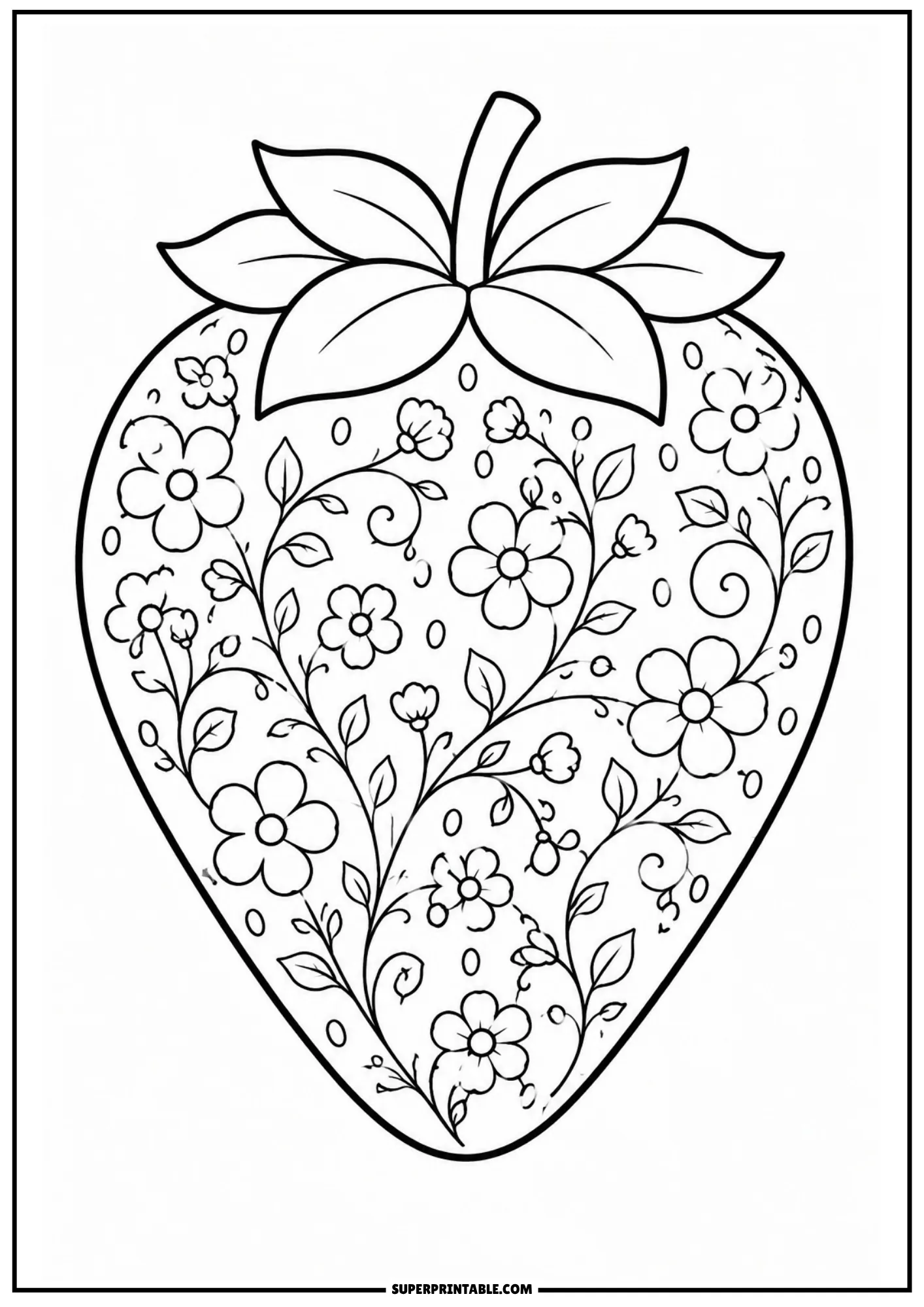 Intricate floral vines and blooming flowers designed inside a strawberry shape.