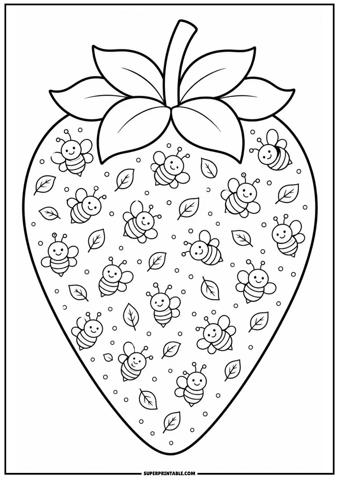 Garden theme with many flying honeybees and leaves inside a strawberry silhouette.