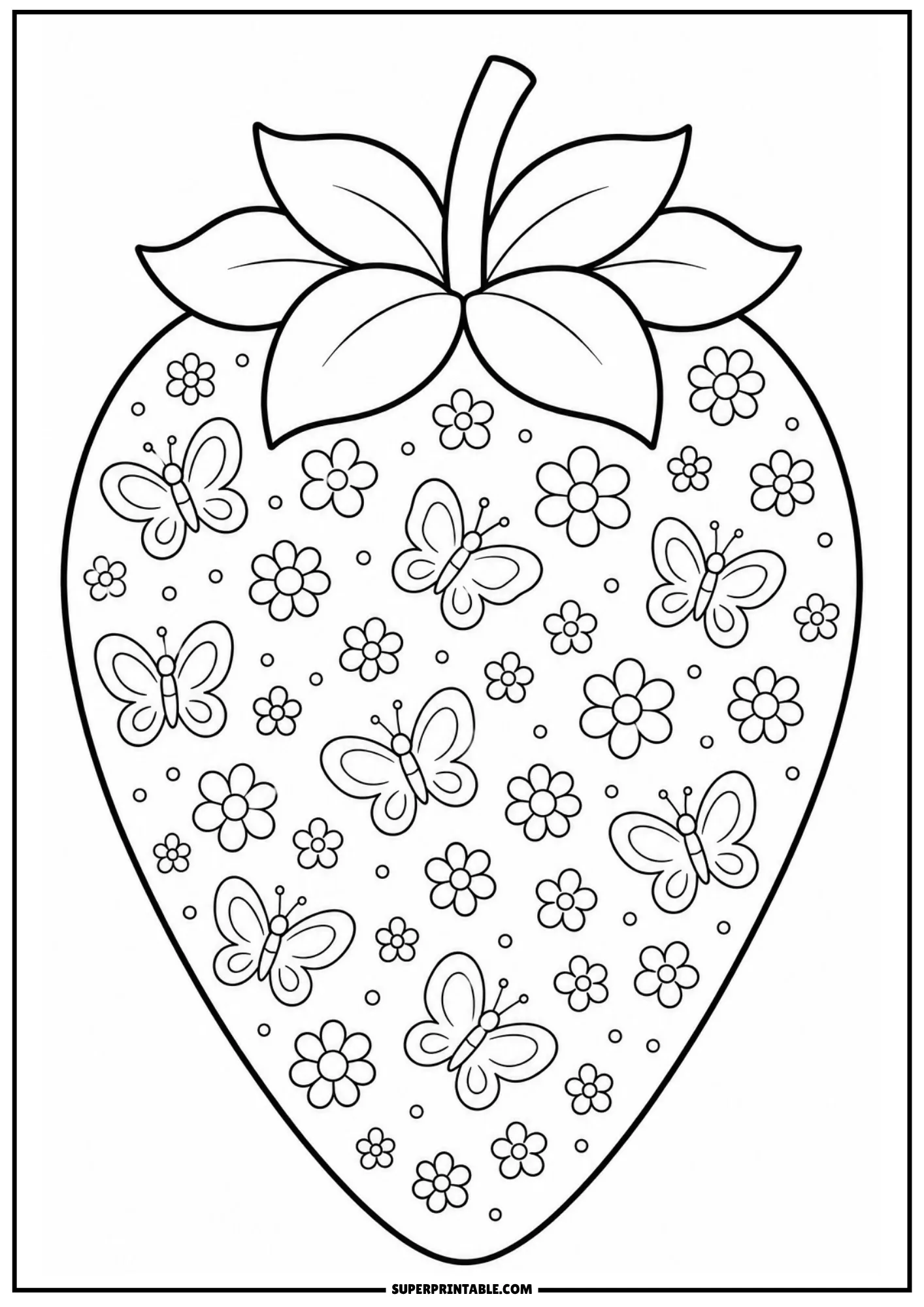 Pretty butterflies and small daisy flowers filling a strawberry outline sheet.