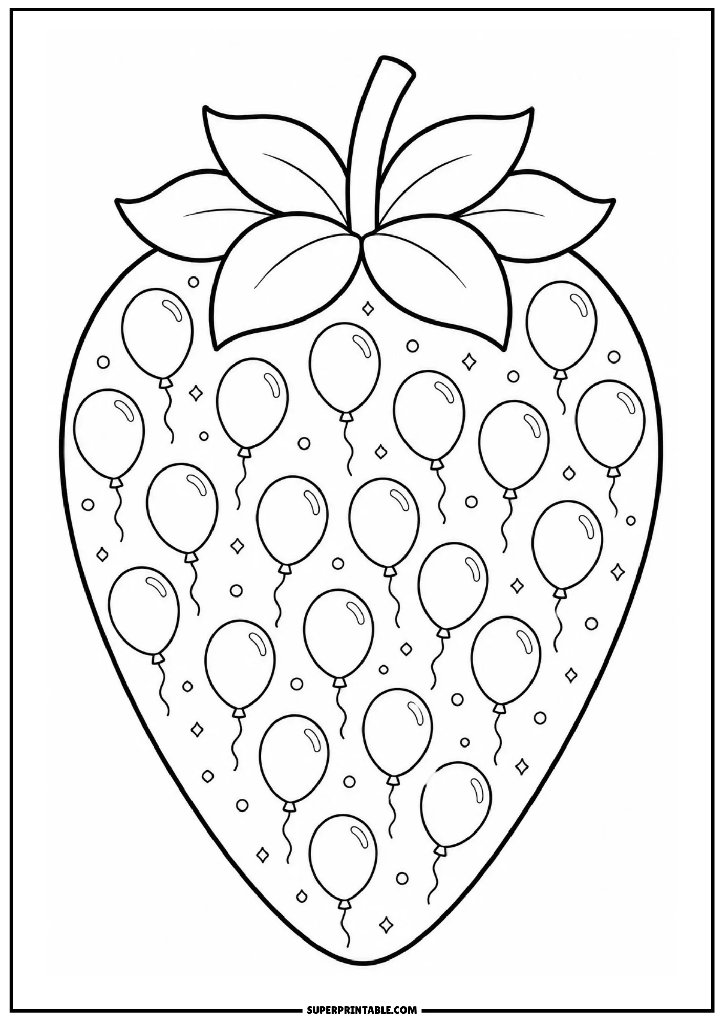 Party balloons and confetti pattern filling a strawberry shape for birthday fun.