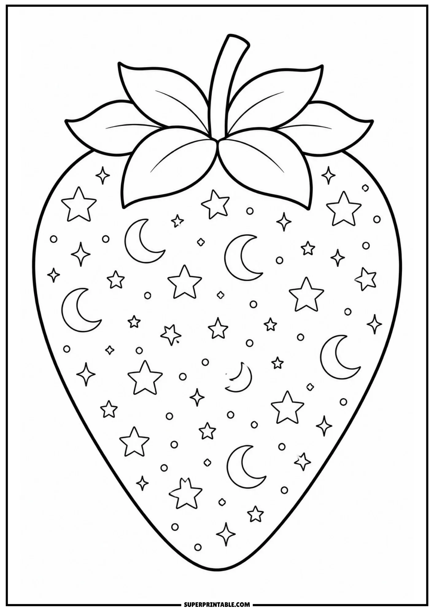 Celestial moon and stars night sky pattern inside a large strawberry outline.