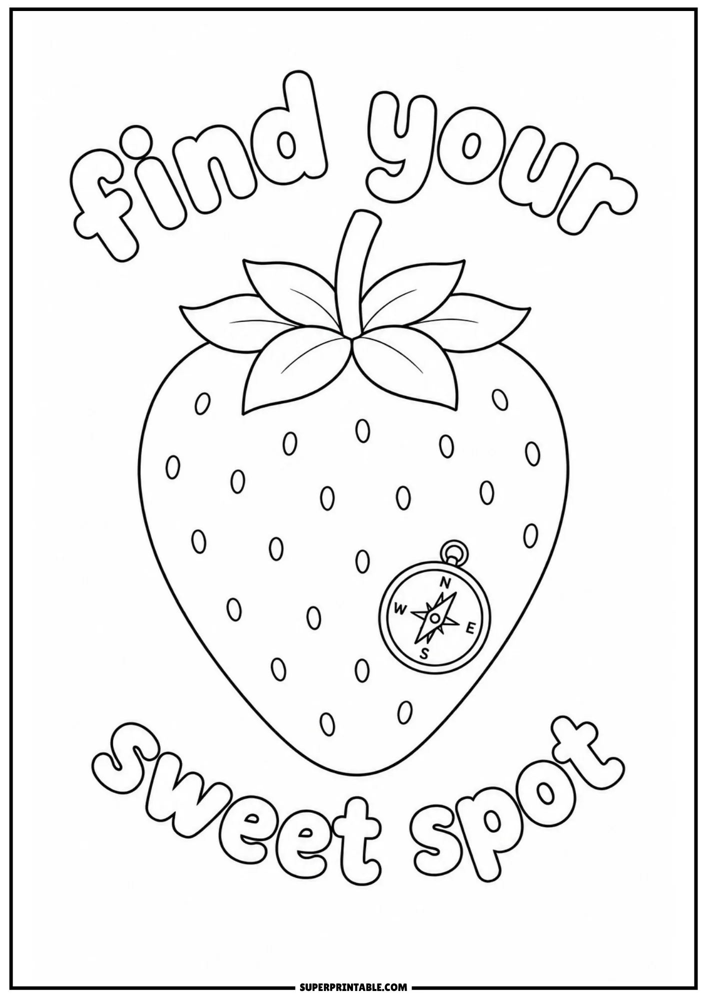 Printable line art of a strawberry with a mini compass design and sweet spot text.