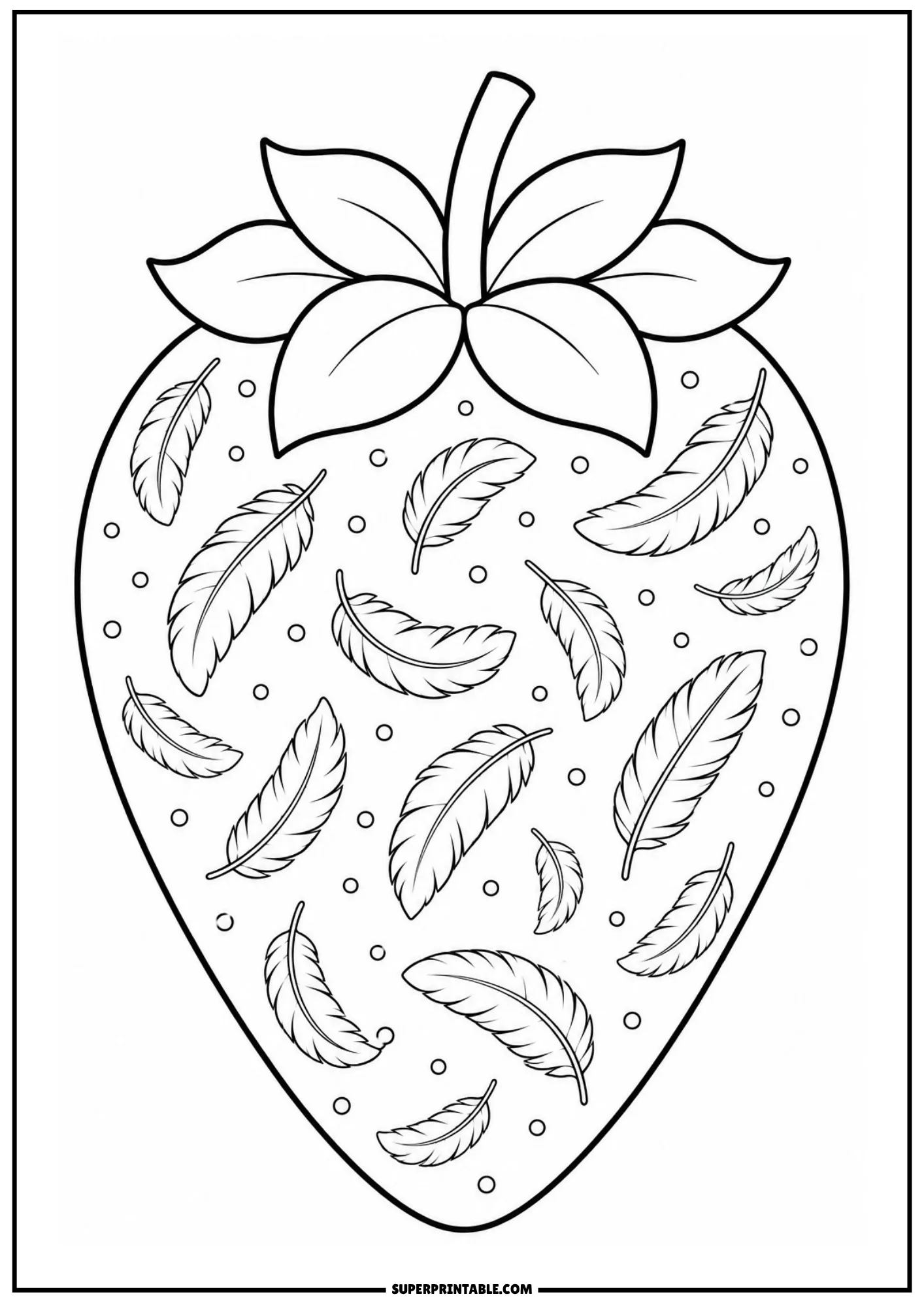 Boho style strawberry outline filled with delicate floating feathers to color.