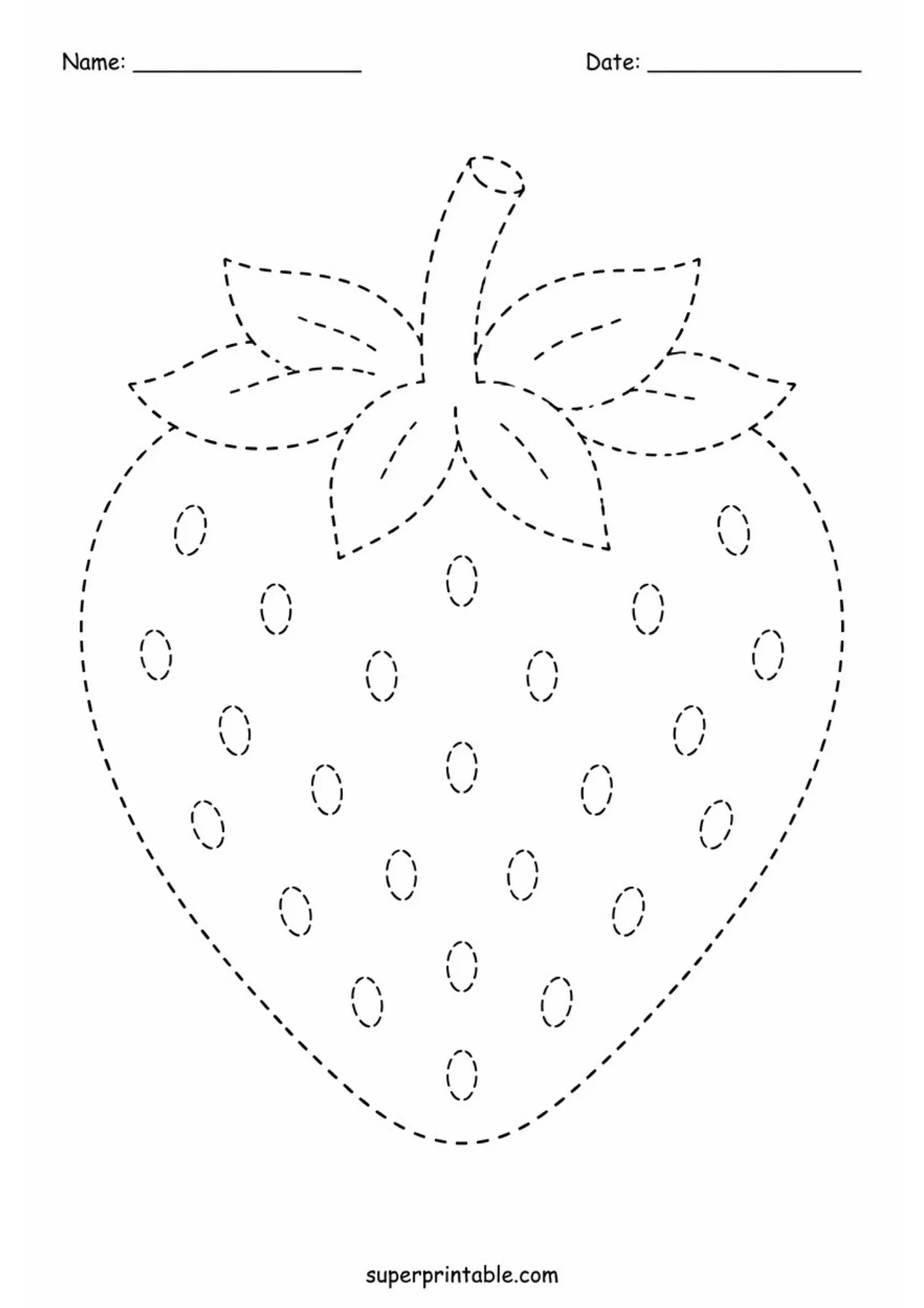 Printable dashed line strawberry outline with stem and scattered seeds.