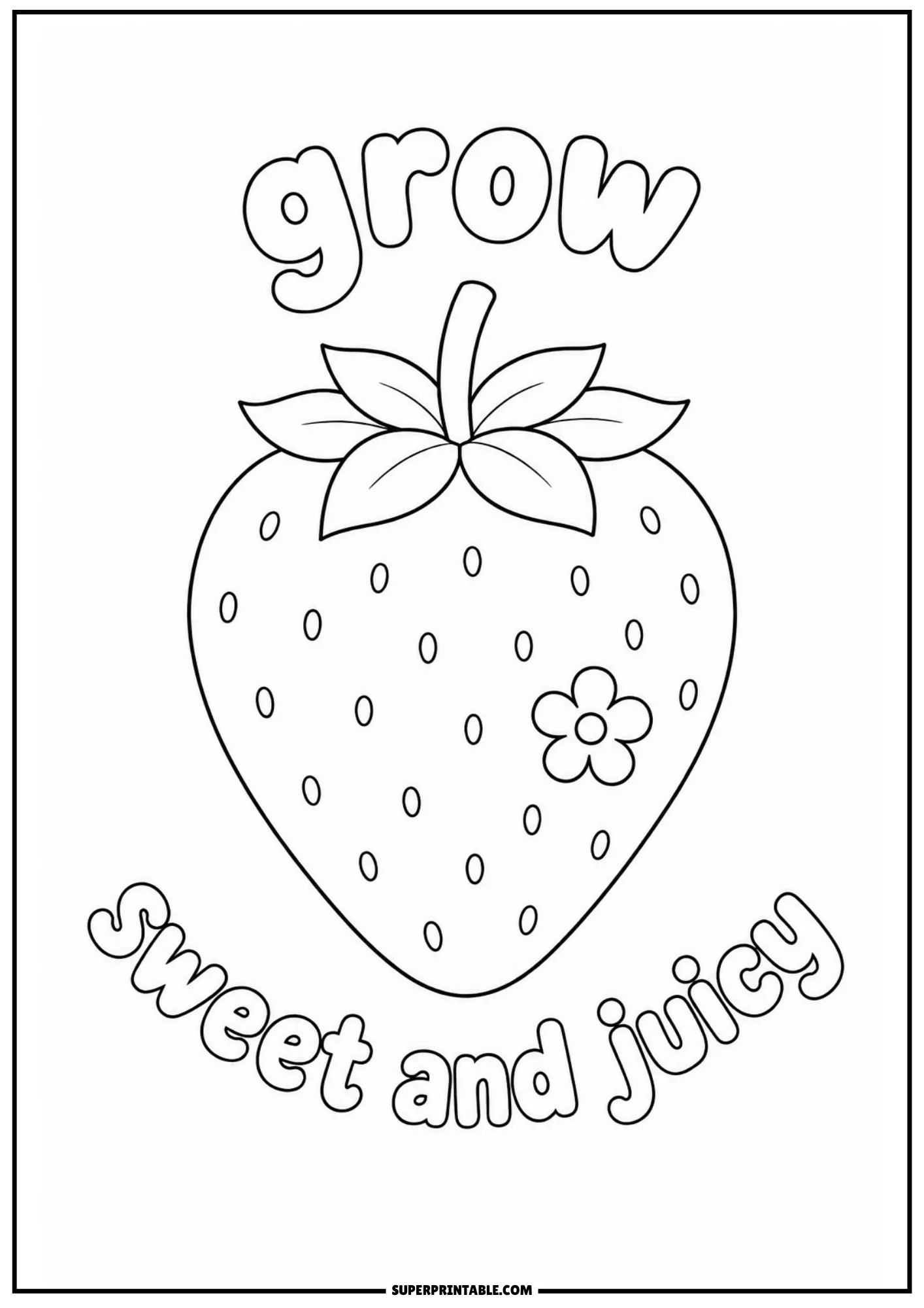 Simple fruit line drawing of a strawberry with a flower accent and bold lettering.