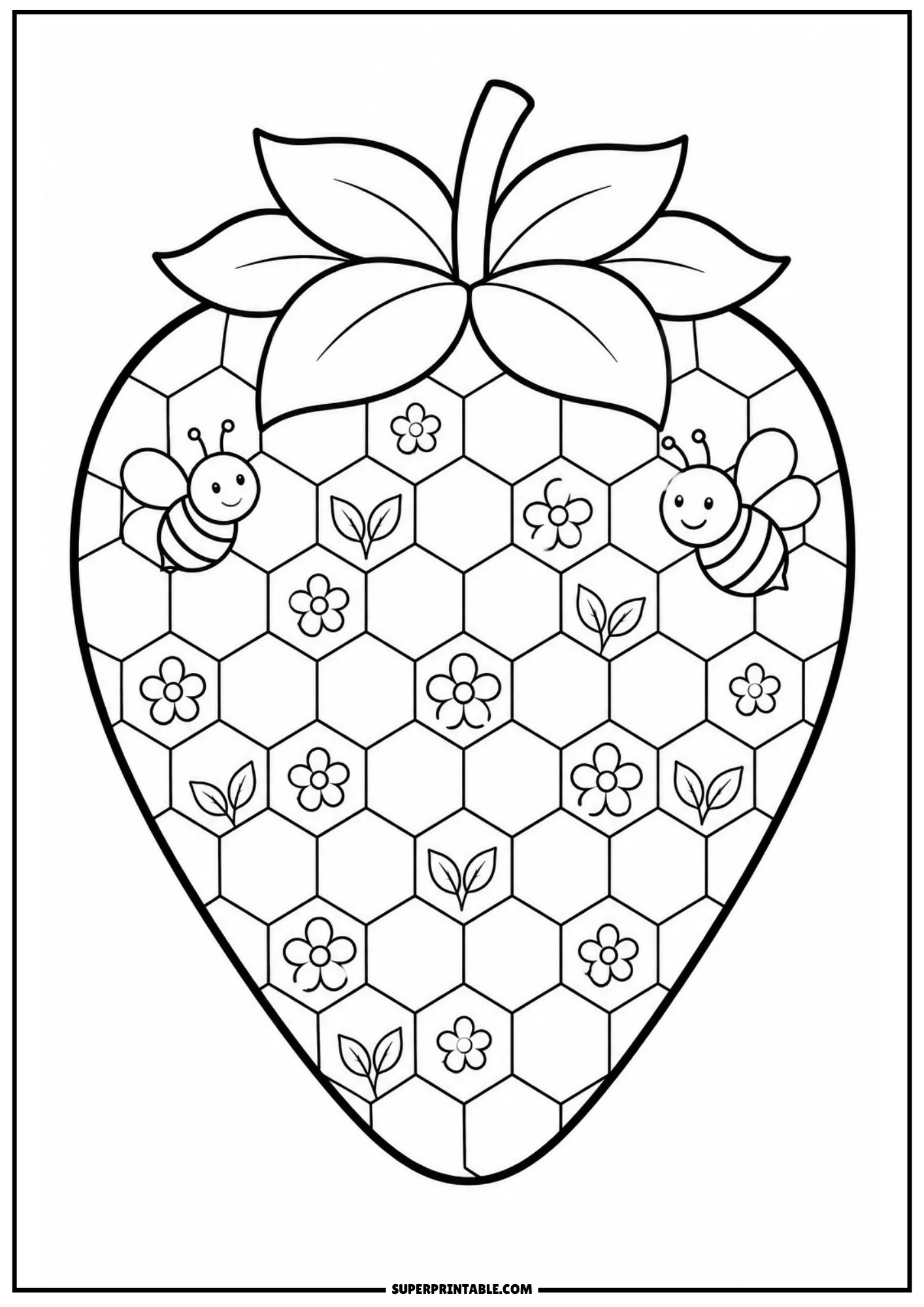 Hexagonal honeycomb grid with cute bumblebees and flowers inside a strawberry outline.