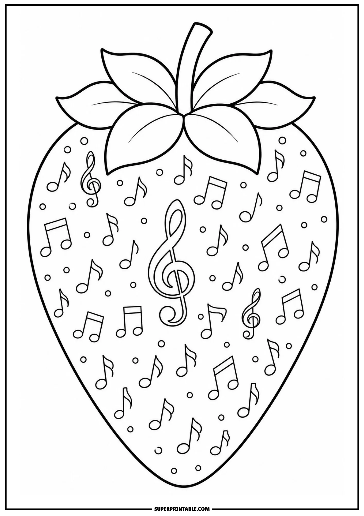 Treble clef and scattered musical notes pattern filling a strawberry outline.