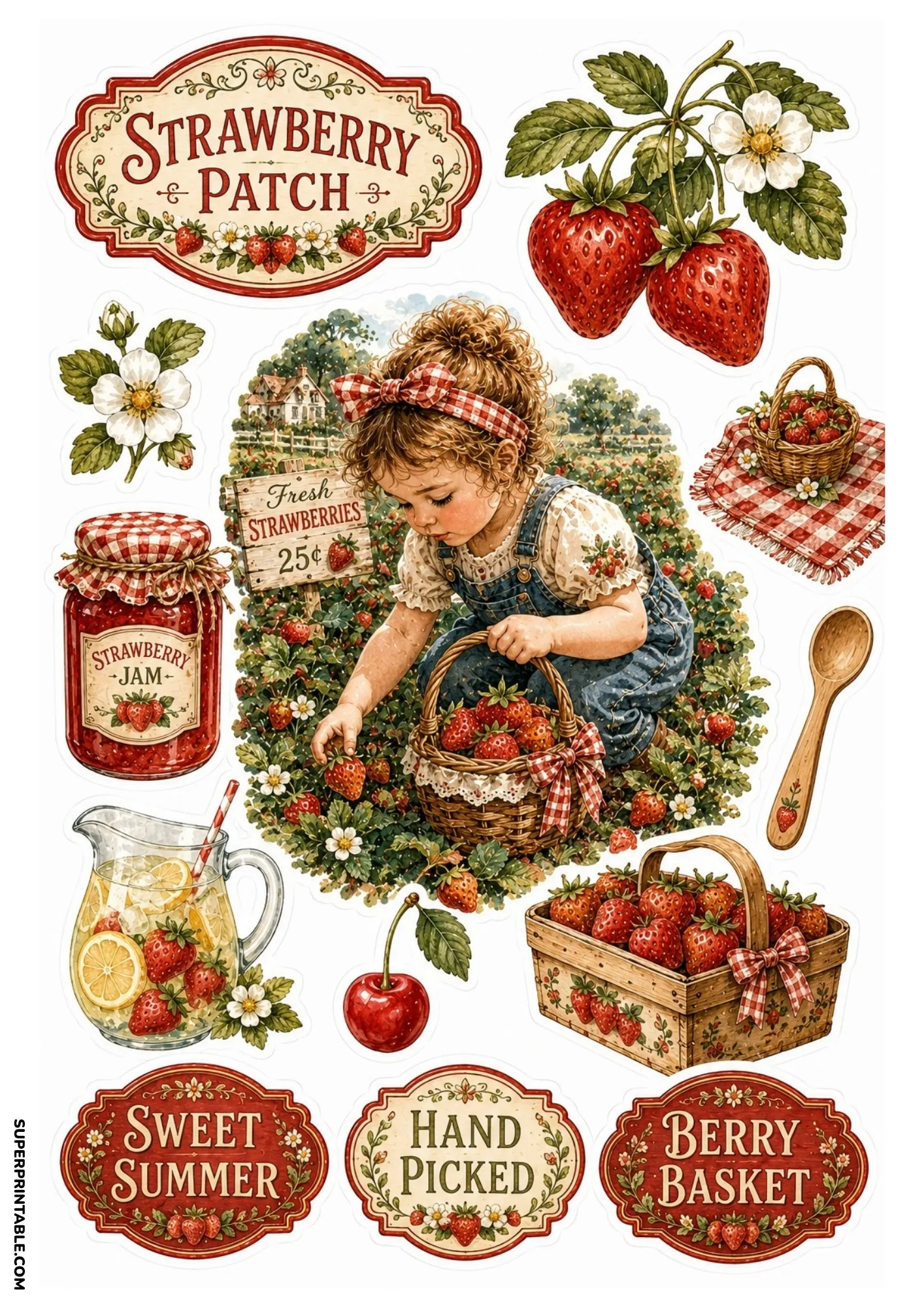 Sweet strawberry harvest stickers featuring a girl picking berries, strawberry jam jar, and lemonade.