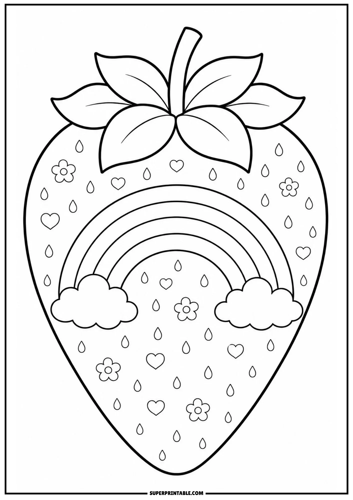 Whimsical strawberry template filled with a rainbow, clouds, hearts, and flowers.