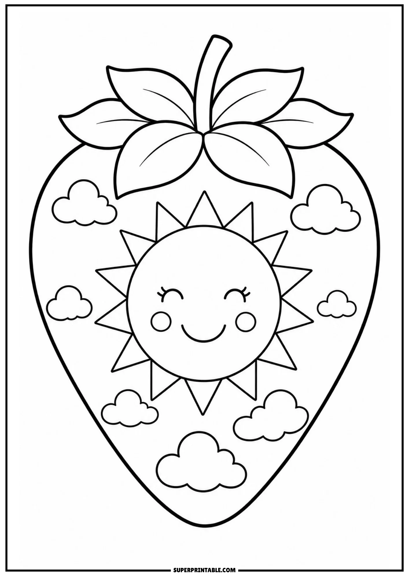 Cute happy sun face framed by fluffy clouds inside a strawberry outline.