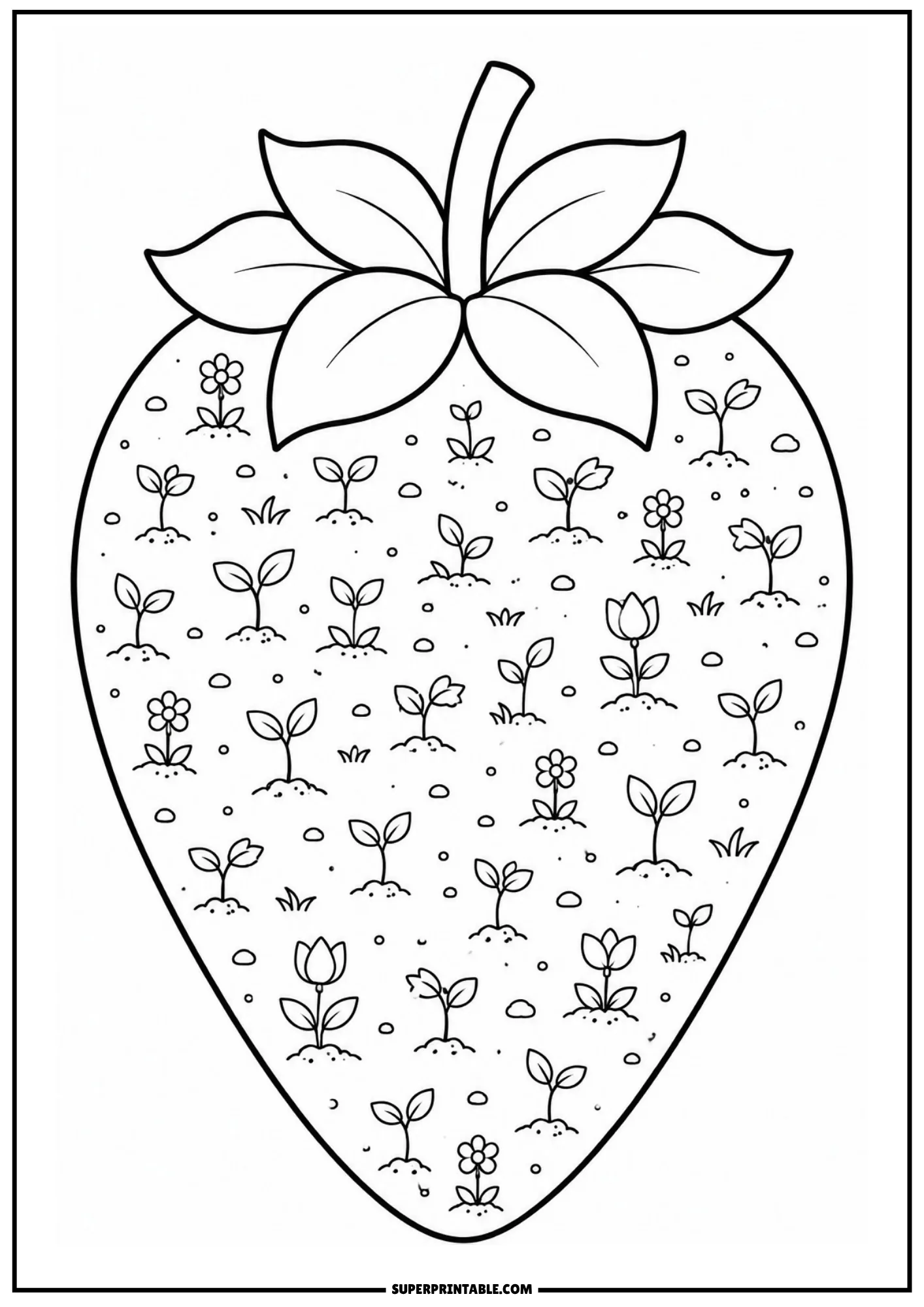 Intricate strawberry silhouette packed with small sprouting plants and garden flowers.