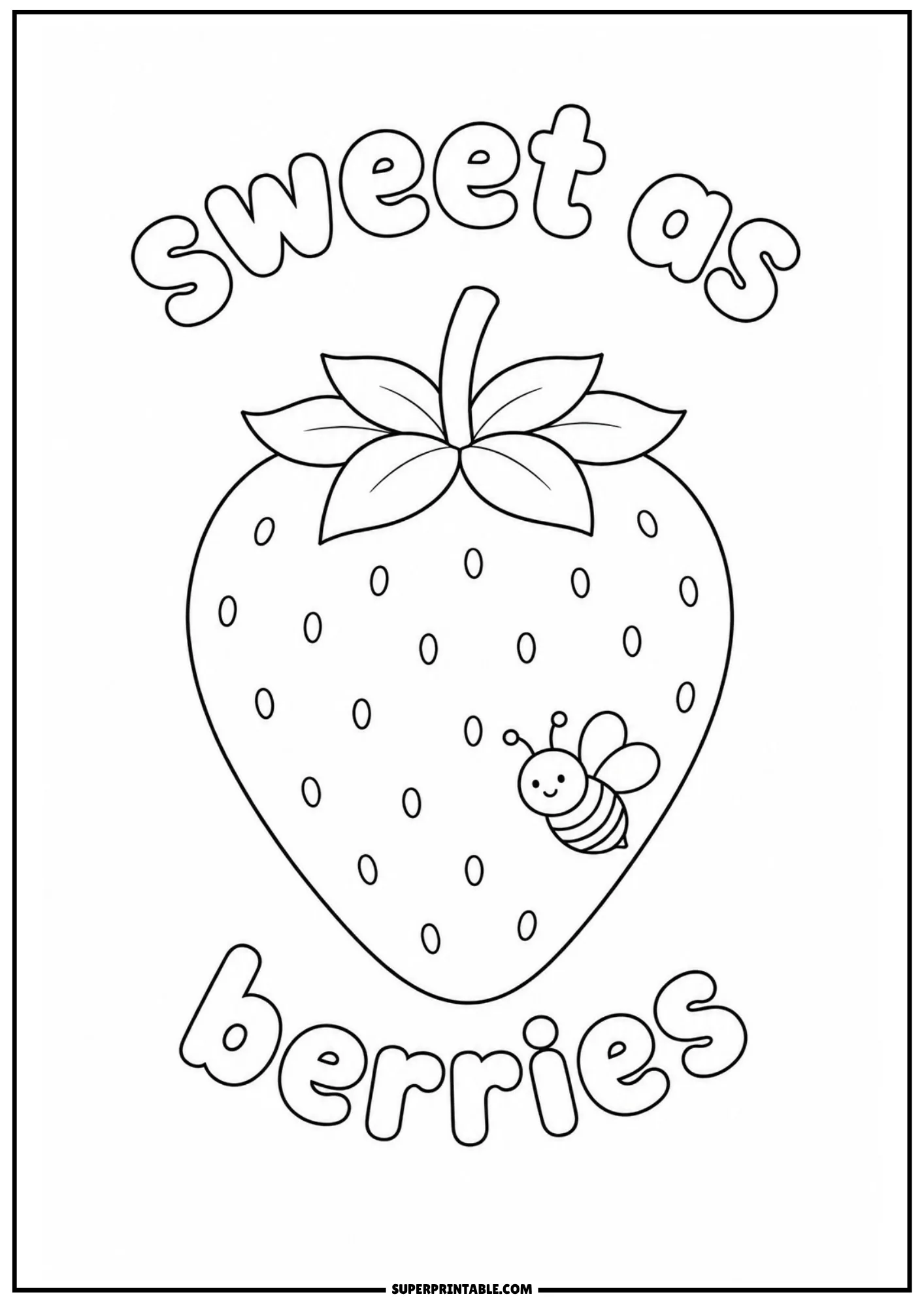 Adorable bumblebee resting on a large strawberry line art coloring template.