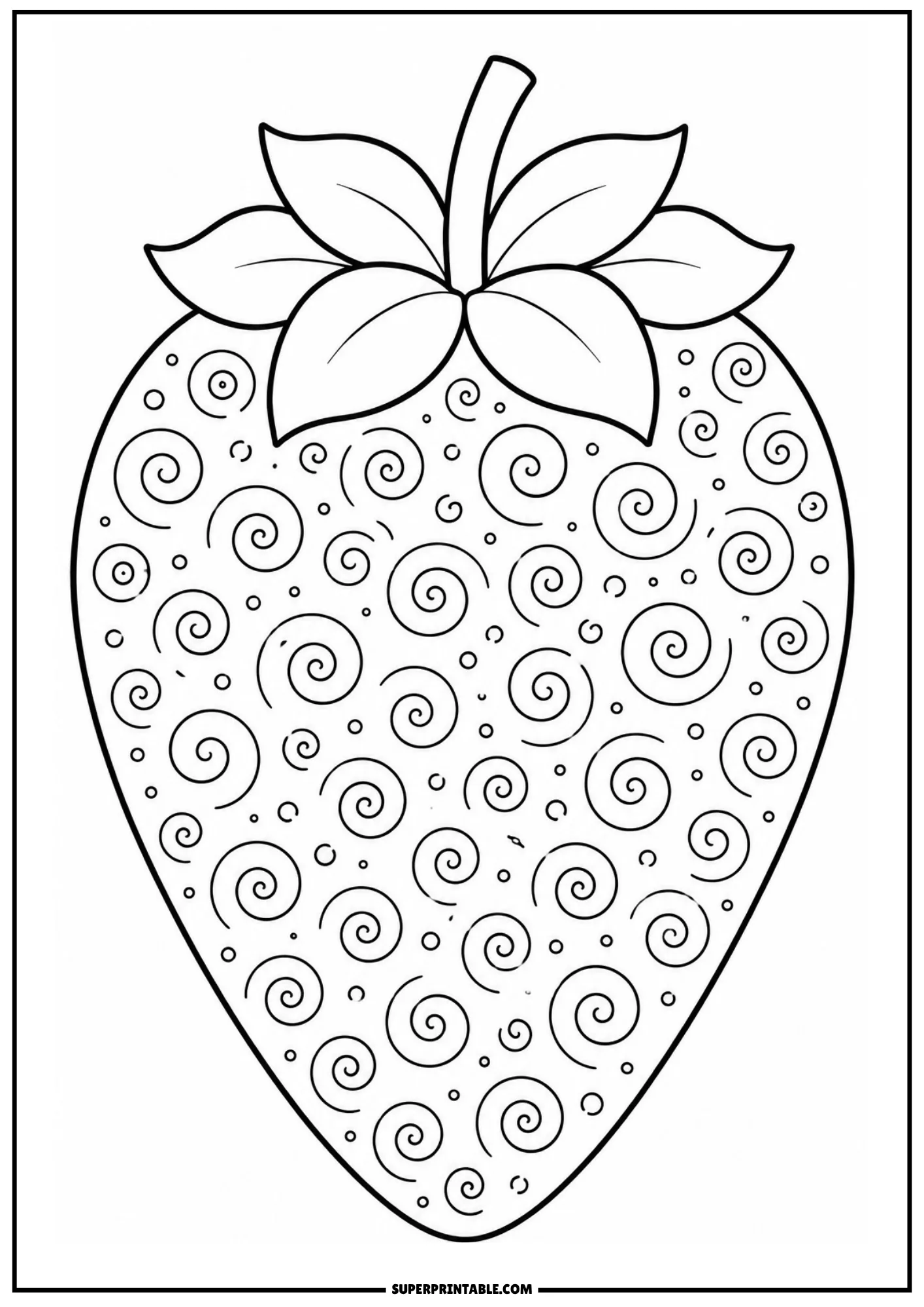 Mandala style spiral swirls pattern inside a strawberry for relaxing coloring.