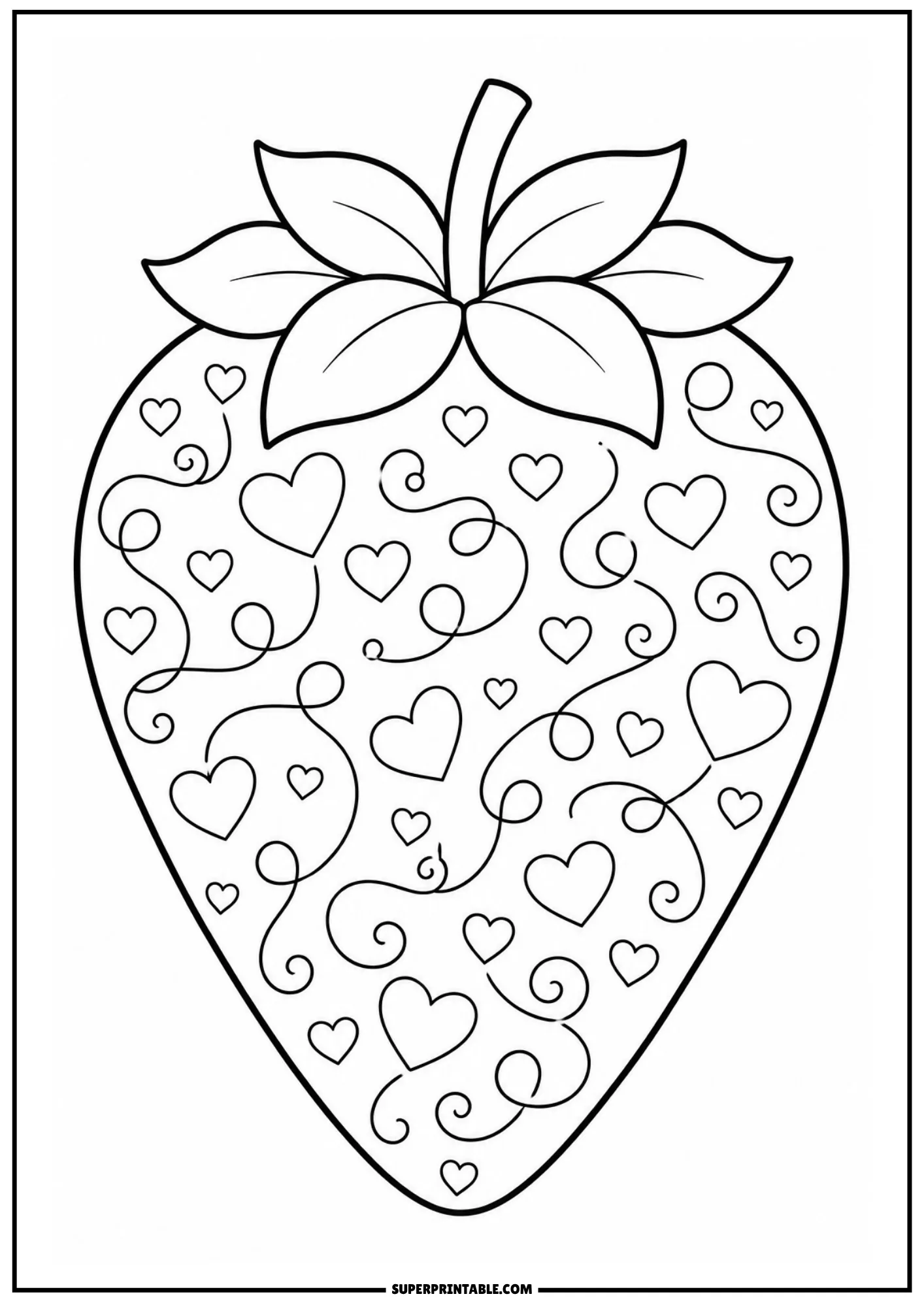 Curlicue spiral vines and hearts pattern designed within a strawberry silhouette.