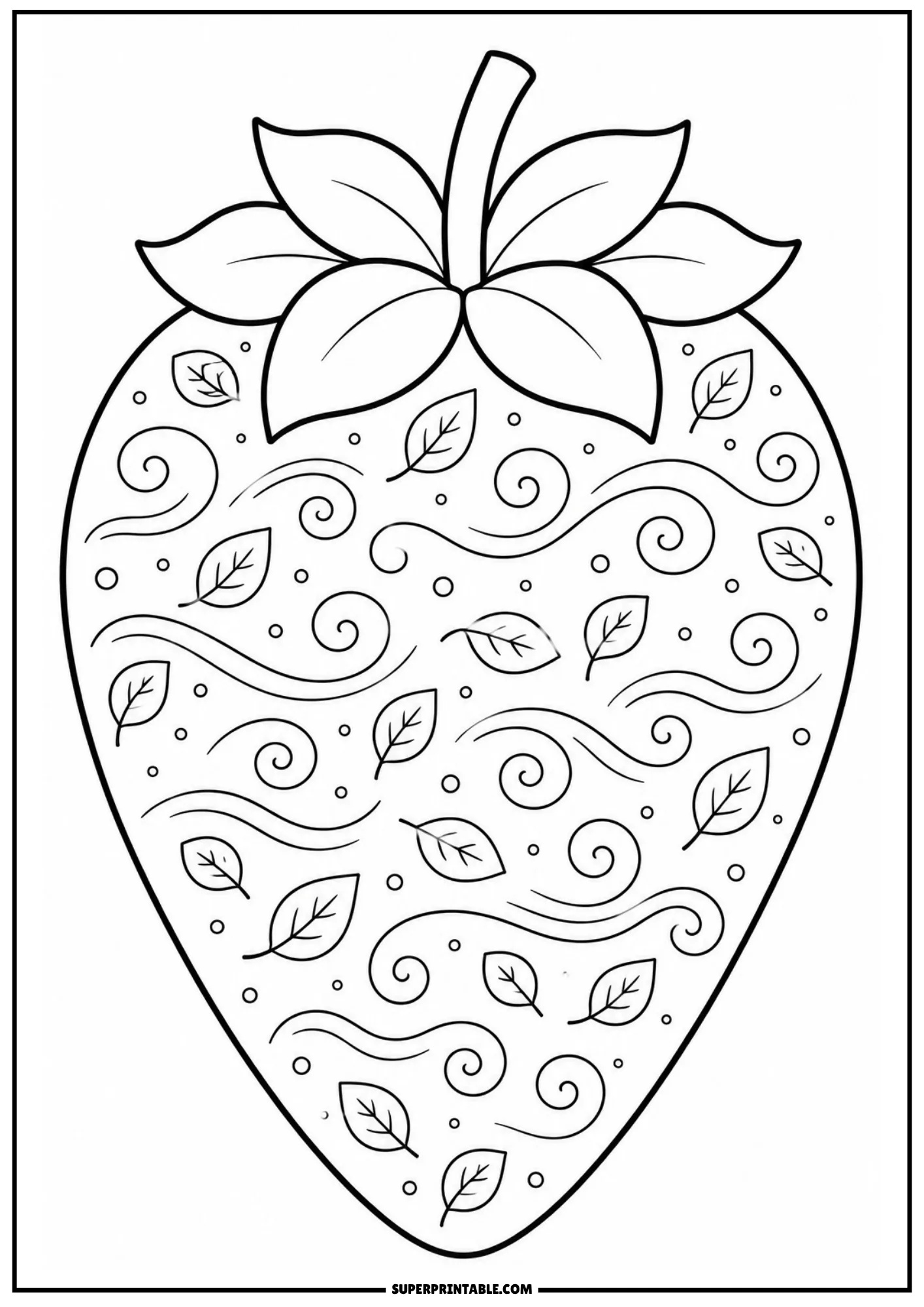 Abstract swirling wind lines and floating leaves pattern inside a strawberry.